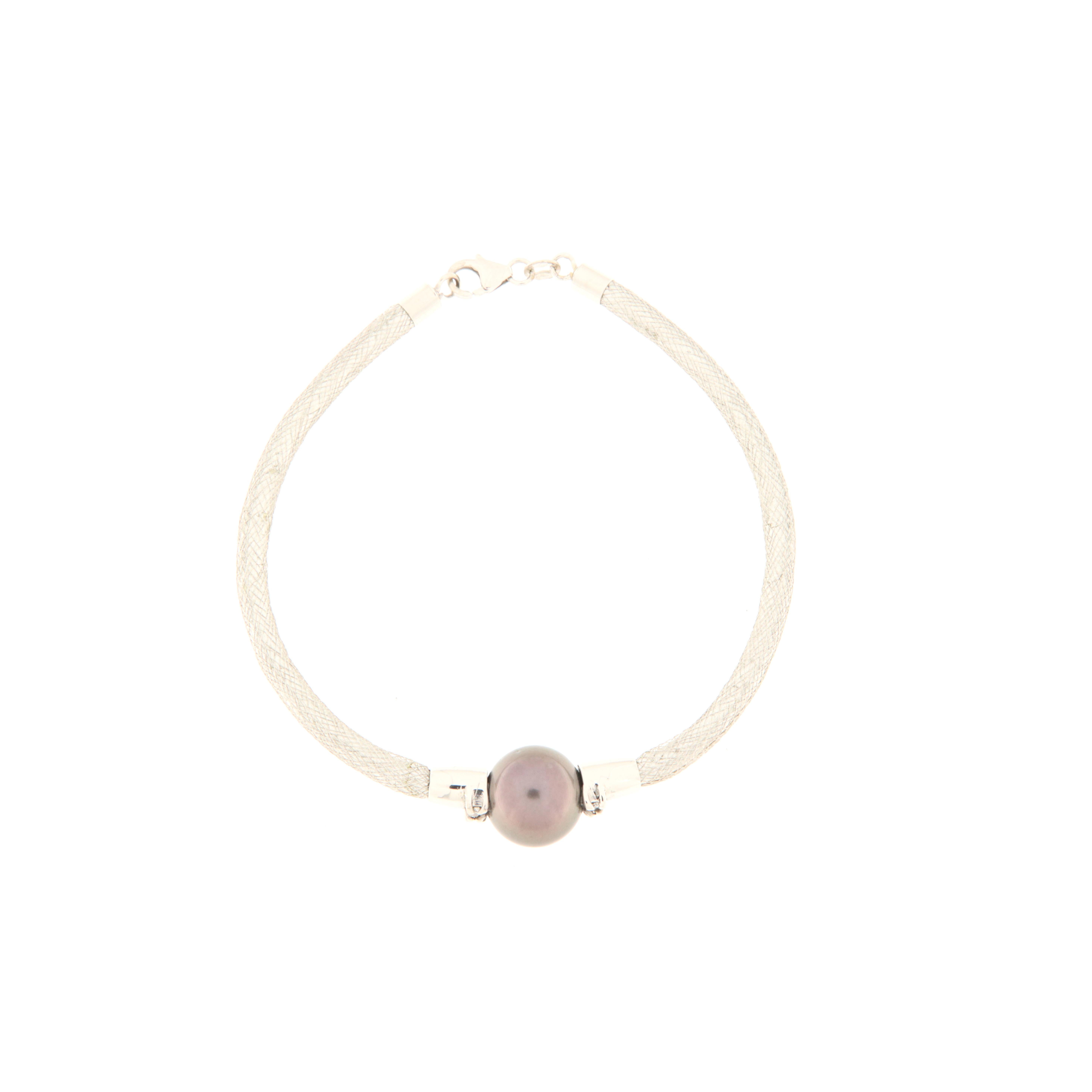 Brilliant Cut White gold semirigid bracelet with diamonds and gray pearl  For Sale