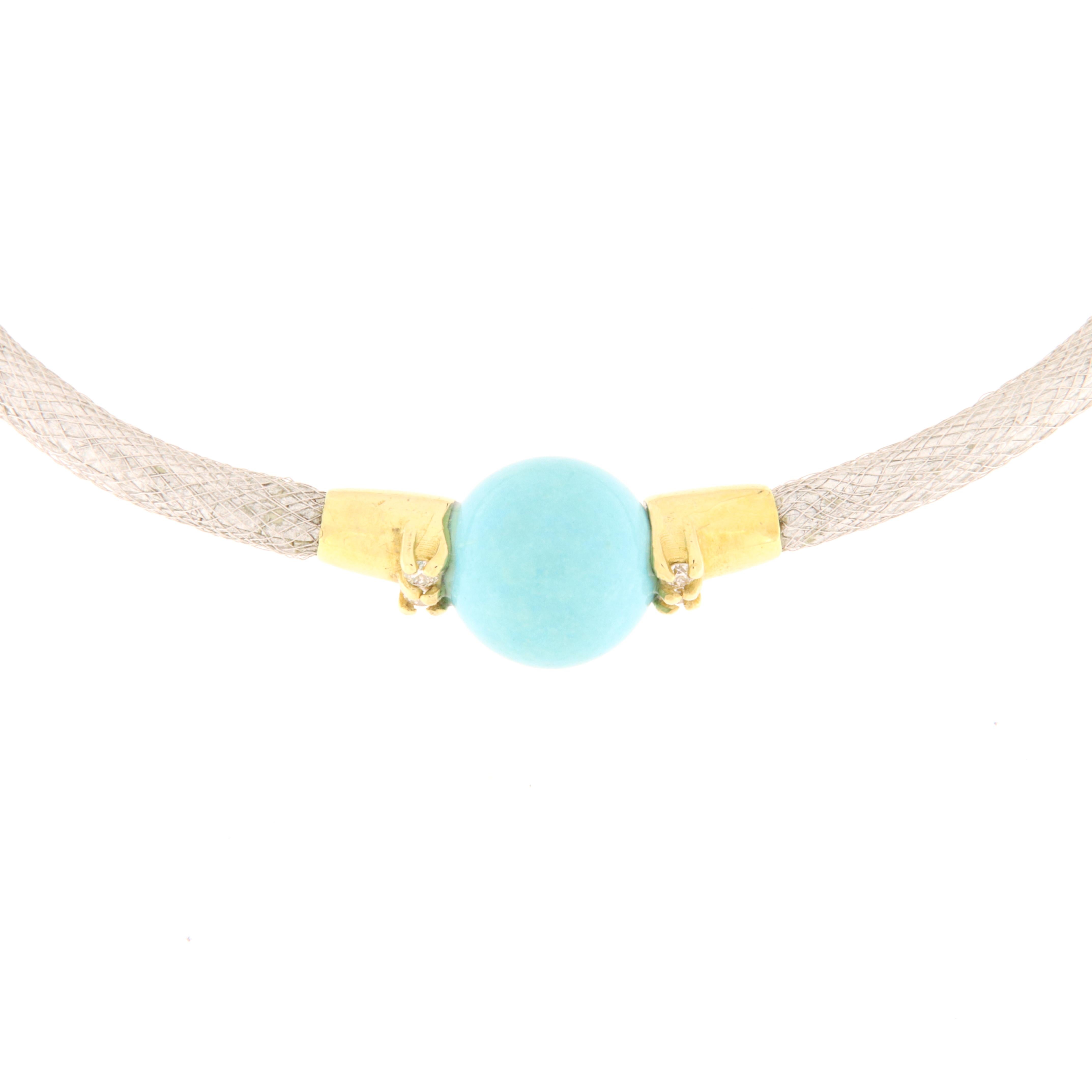 Taille brillant Bracelet semi-rigide en or blanc avec diamants et sphère de turquoise en vente