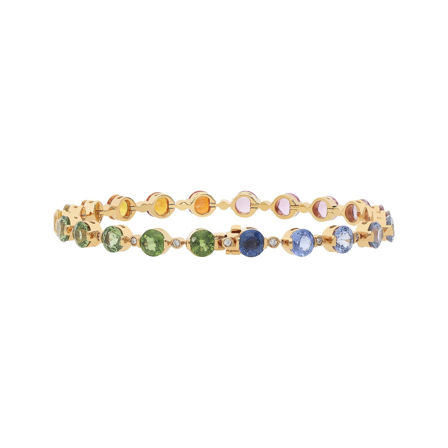 Round Cut Bracelet de tennis en or rose 18kt avec diamants blancs et saphirs multicolores en vente