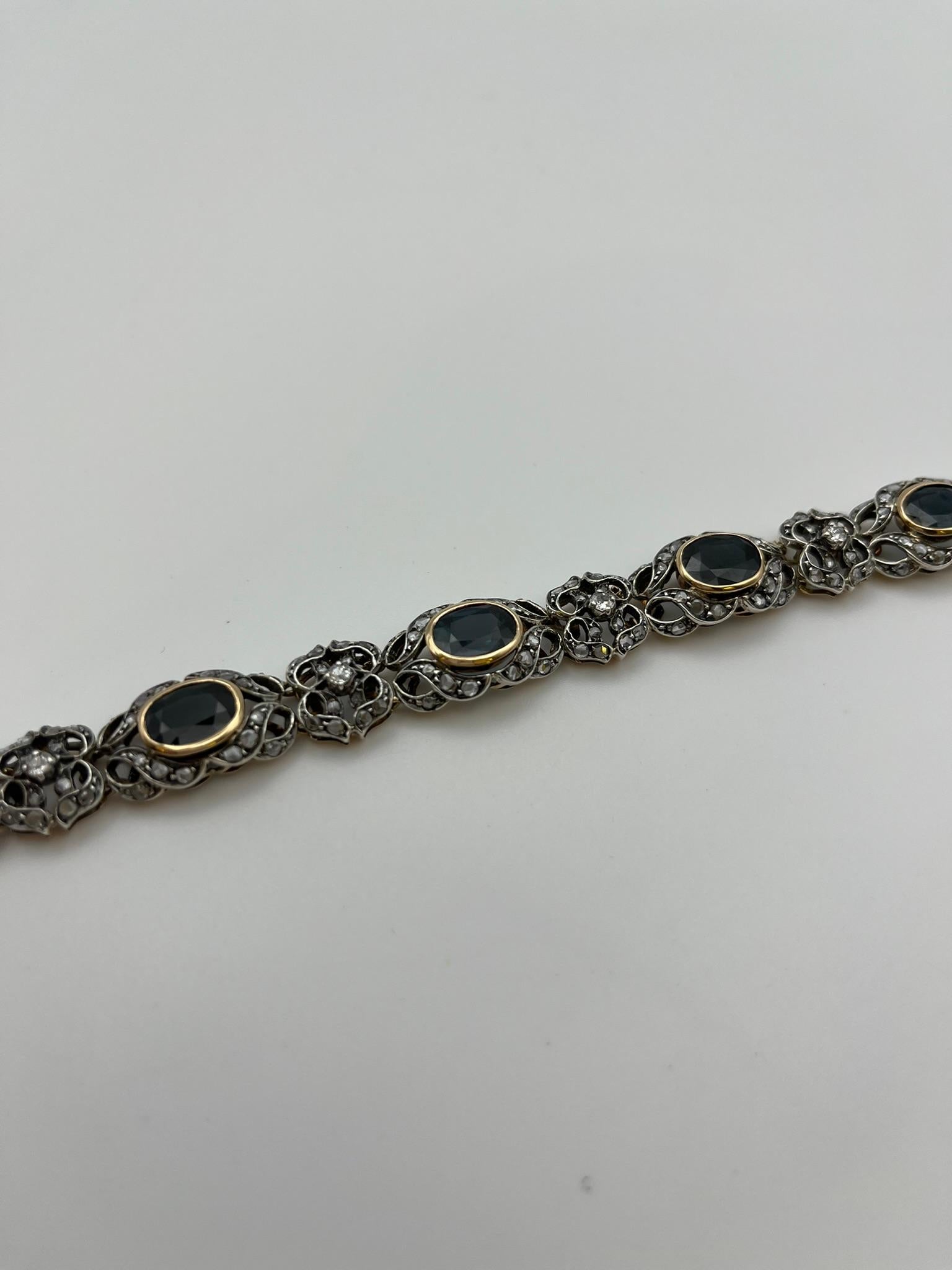Pulsera vintage de oro y plata con diamantes y zafiros de 21 quilates en venta 3