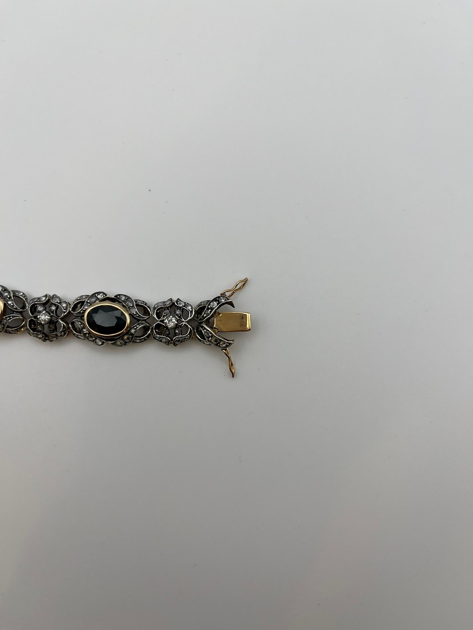 Taglio brillante Bracciale vintage in oro ed argento con diamanti e zaffiri da 21 carati in vendita
