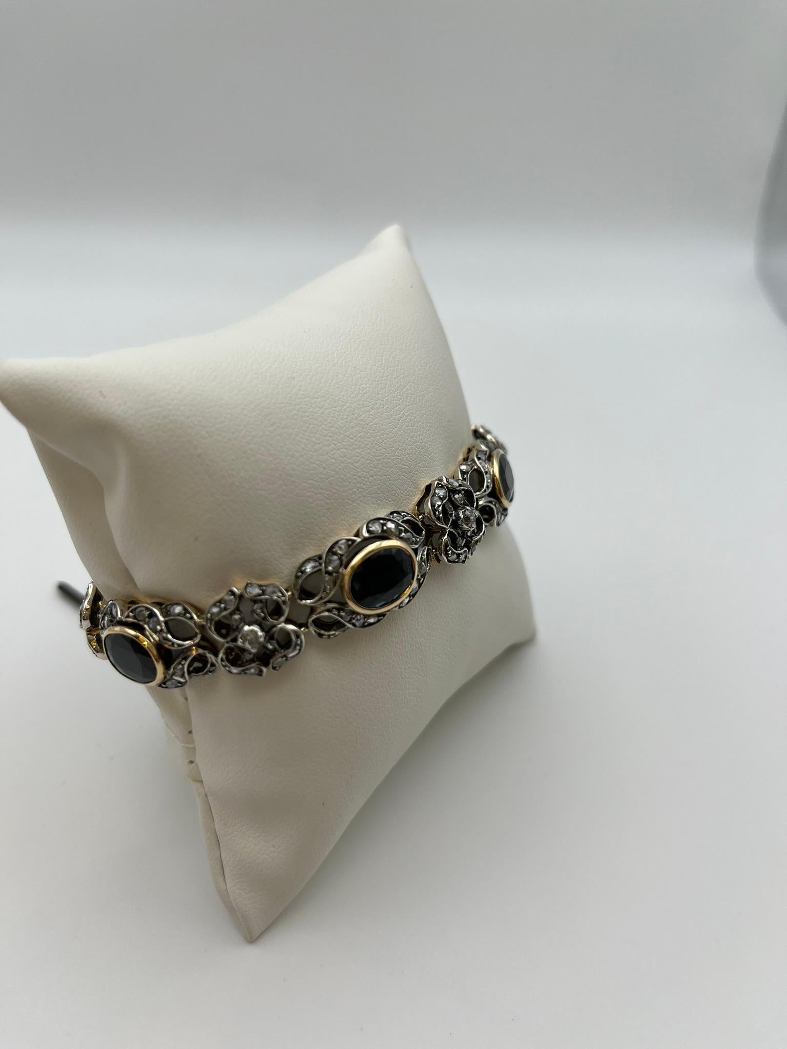 Pulsera vintage de oro y plata con diamantes y zafiros de 21 quilates en Nuevo estado para la venta en Abano Terme, IT
