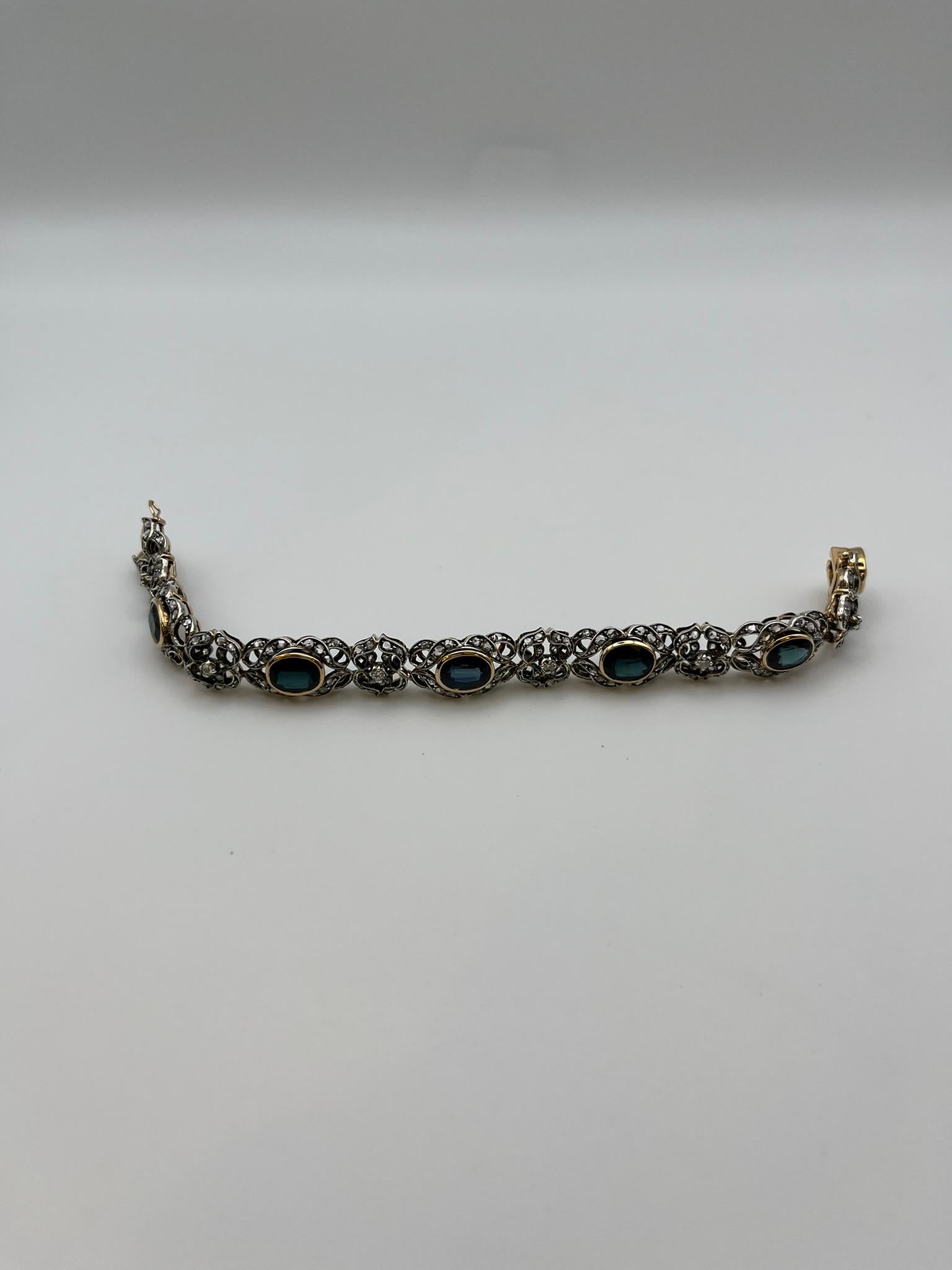 Donna Bracciale vintage in oro ed argento con diamanti e zaffiri da 21 carati in vendita