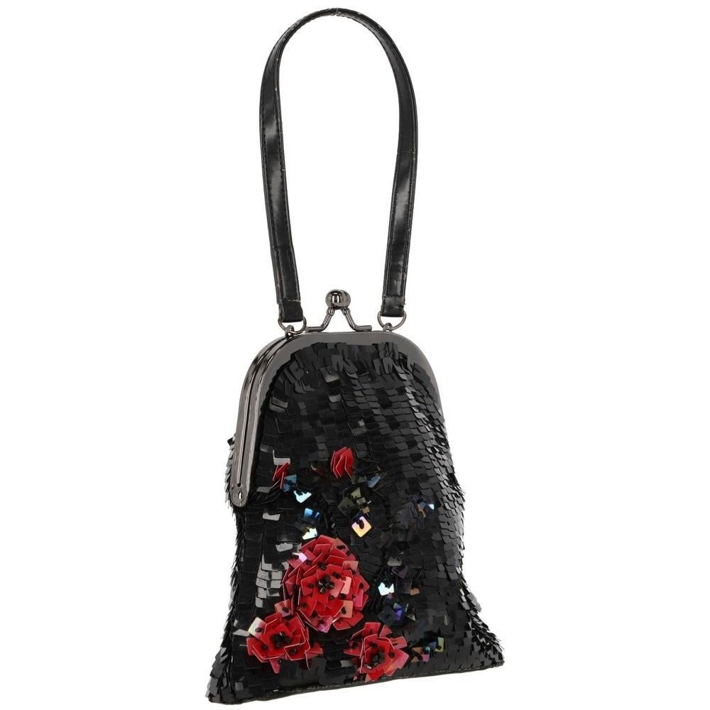 Braccialini black sequins 90s mini pochette. Front red flower detail, snap fastener and additional little handle. Satin lining and one inner zipped pocket.

Measurements
Height: 16 cm
Width: 13,5 cm
Depth: 5 cm
Handle: 15 cm

Product code: