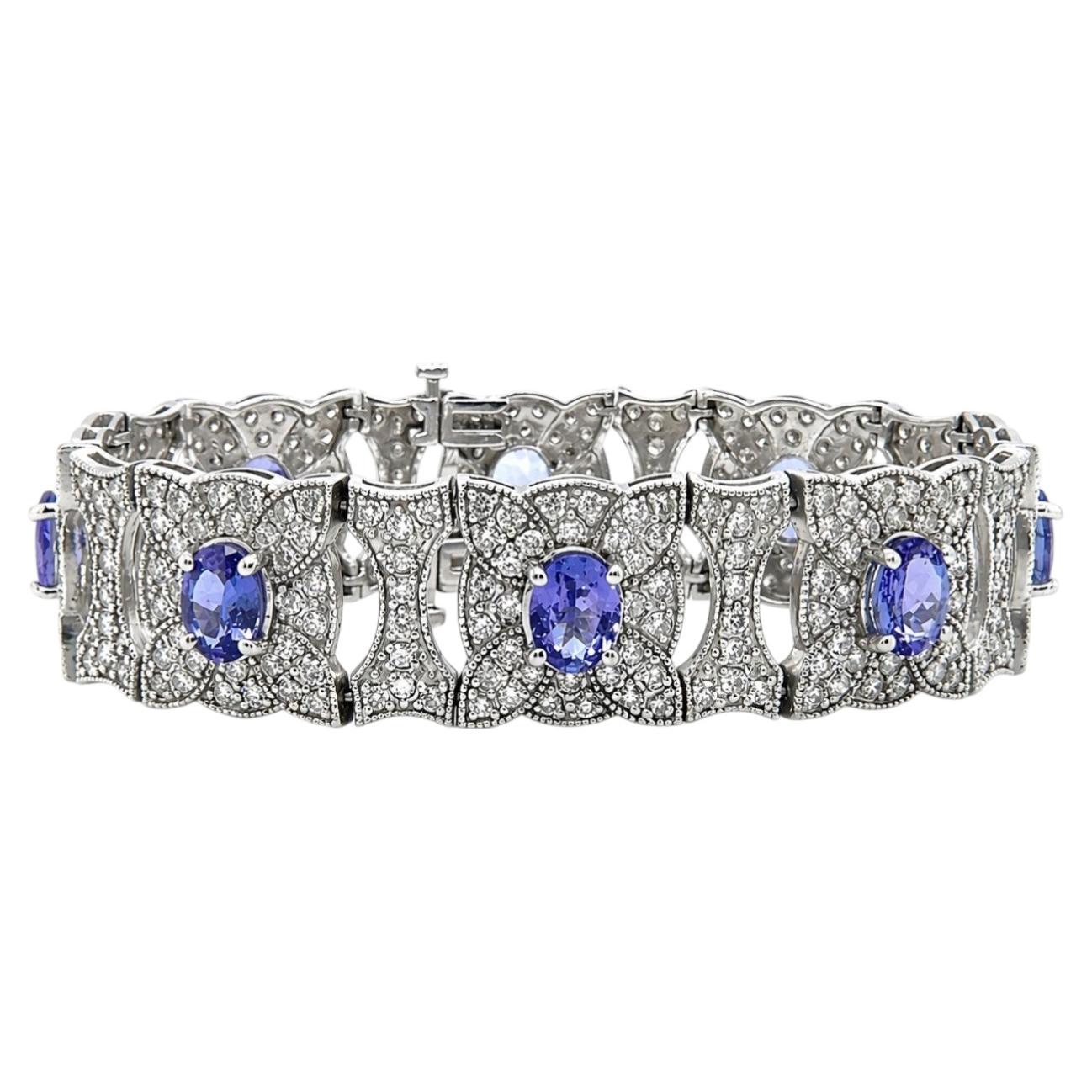 Bracelet - 14K White Gold 20.00 Carats Tanzanite and 10.00 CTW Diamond Wide link