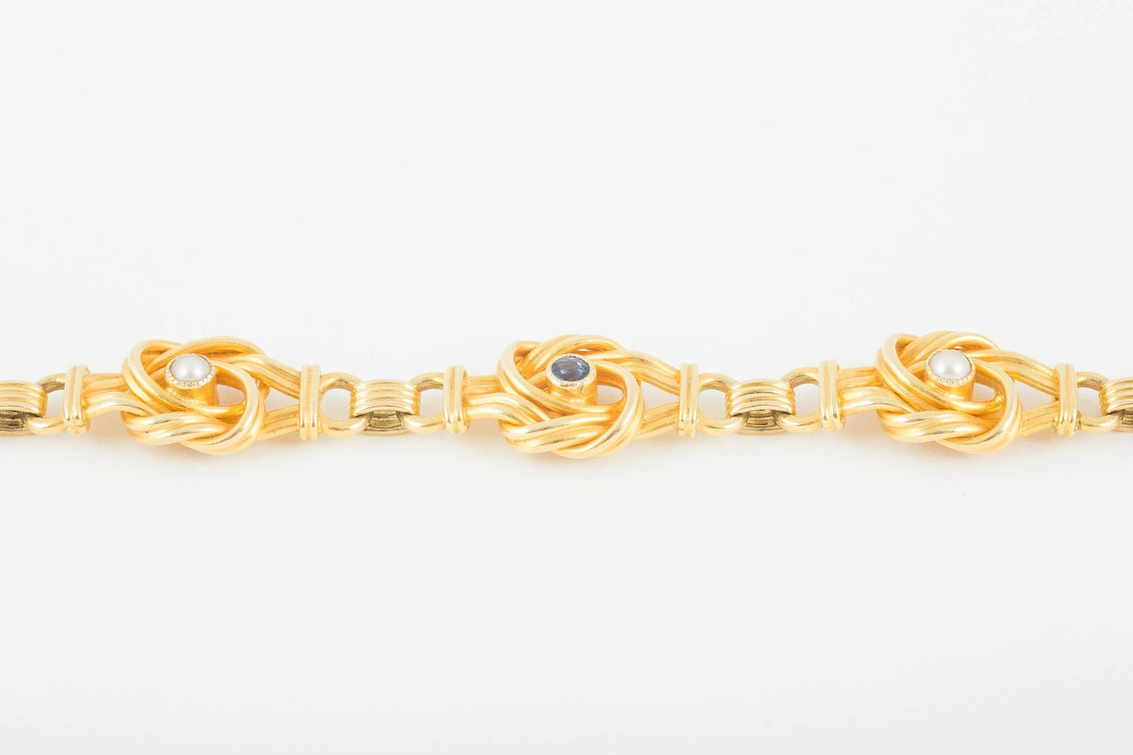Women's Bracelet 18 Carat Heavy Gold Set Sapphire and Pearls, English , circa 1900
