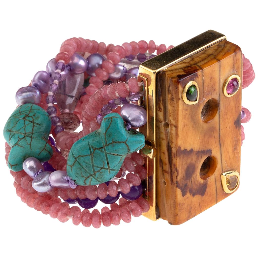 Bracelet en or 18 carats avec tige, turquoise, améthyste, tourmaline et perle grise
