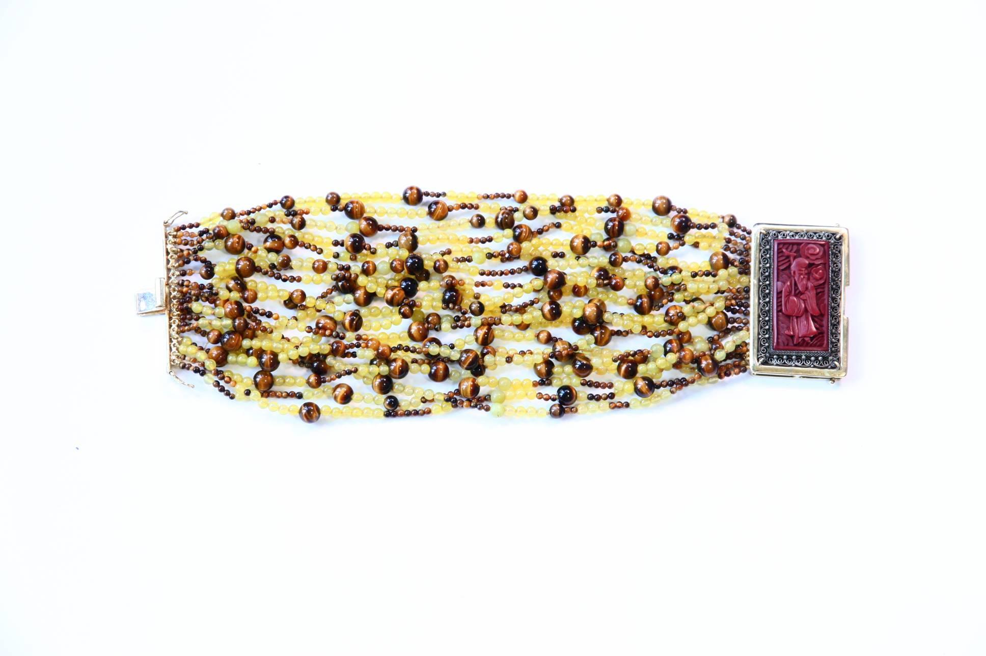 Bracelet 18 Karat Gold Agata Tiger Eyes Antique Cinese Lacquer, 1920 For Sale 2