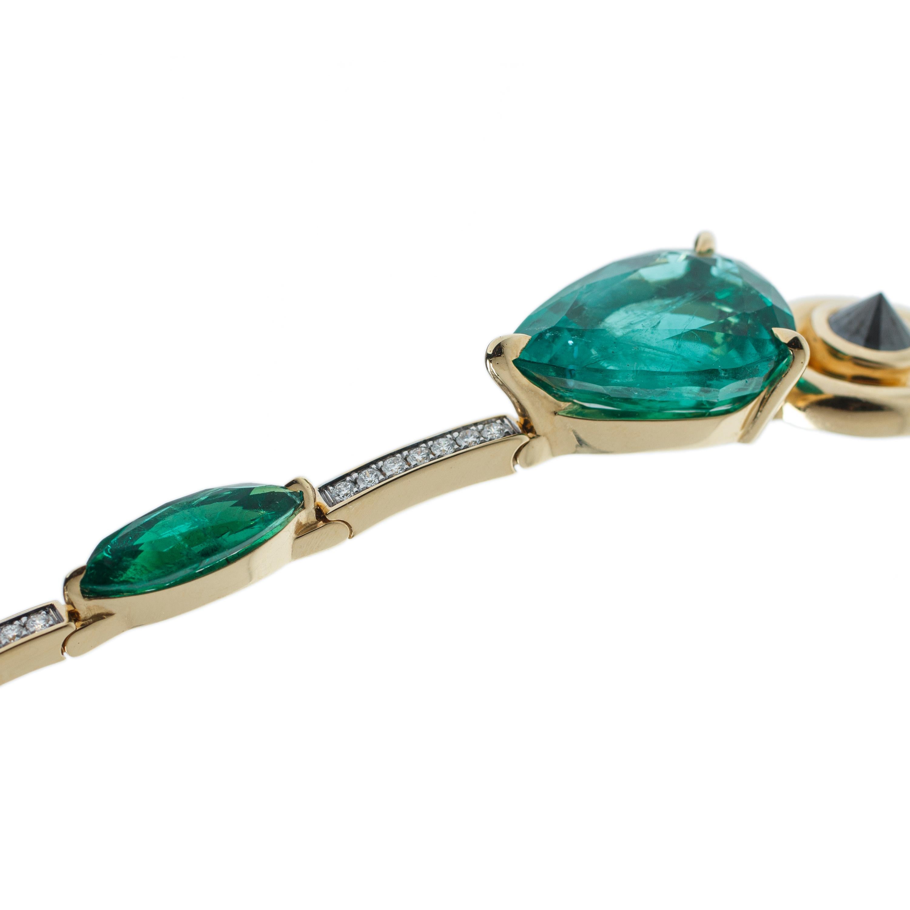 Modernist Emerald & Diamond 18k Yellow Gold Bracelet For Sale