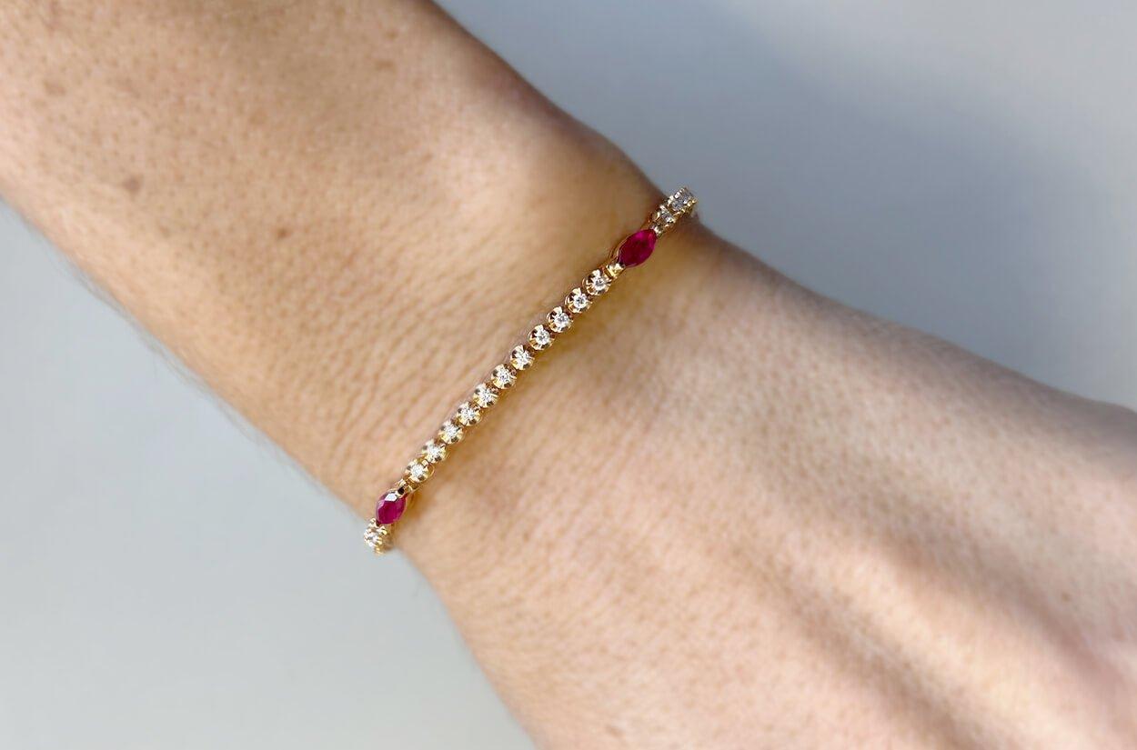 Bracelet Tennis En Or 18K Avec Diamants Naturels 3,12 Carats, Coupe Marquise Et Ronde - Neuf