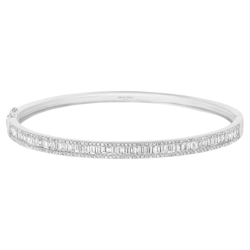 Bracelet jonc en or blanc 18 carats avec diamants baguettes et ronds