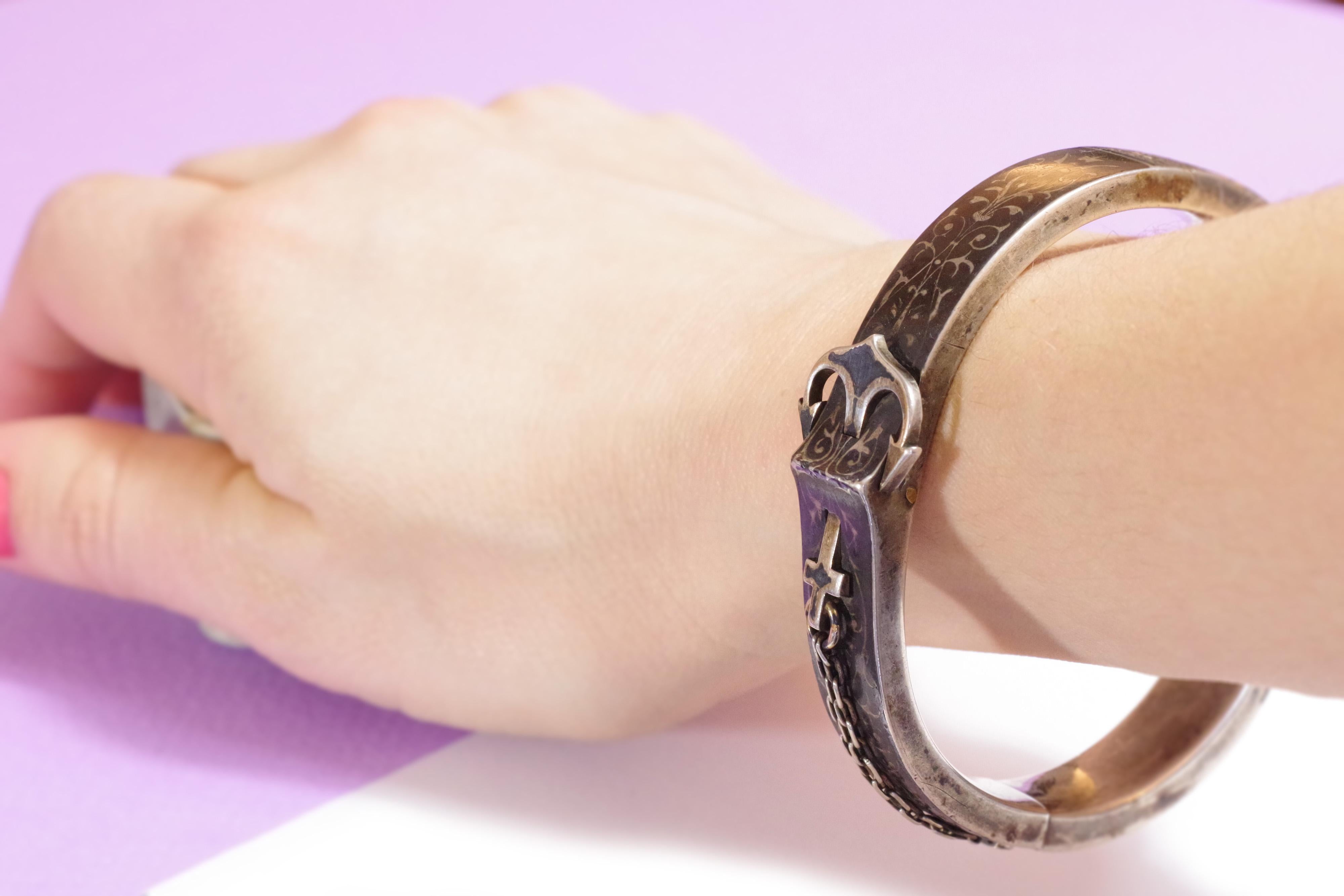 Armband Anker Silber Niello, viktorianischer Silber-Armreif Marine österreichisch-ungarisch im Angebot 1