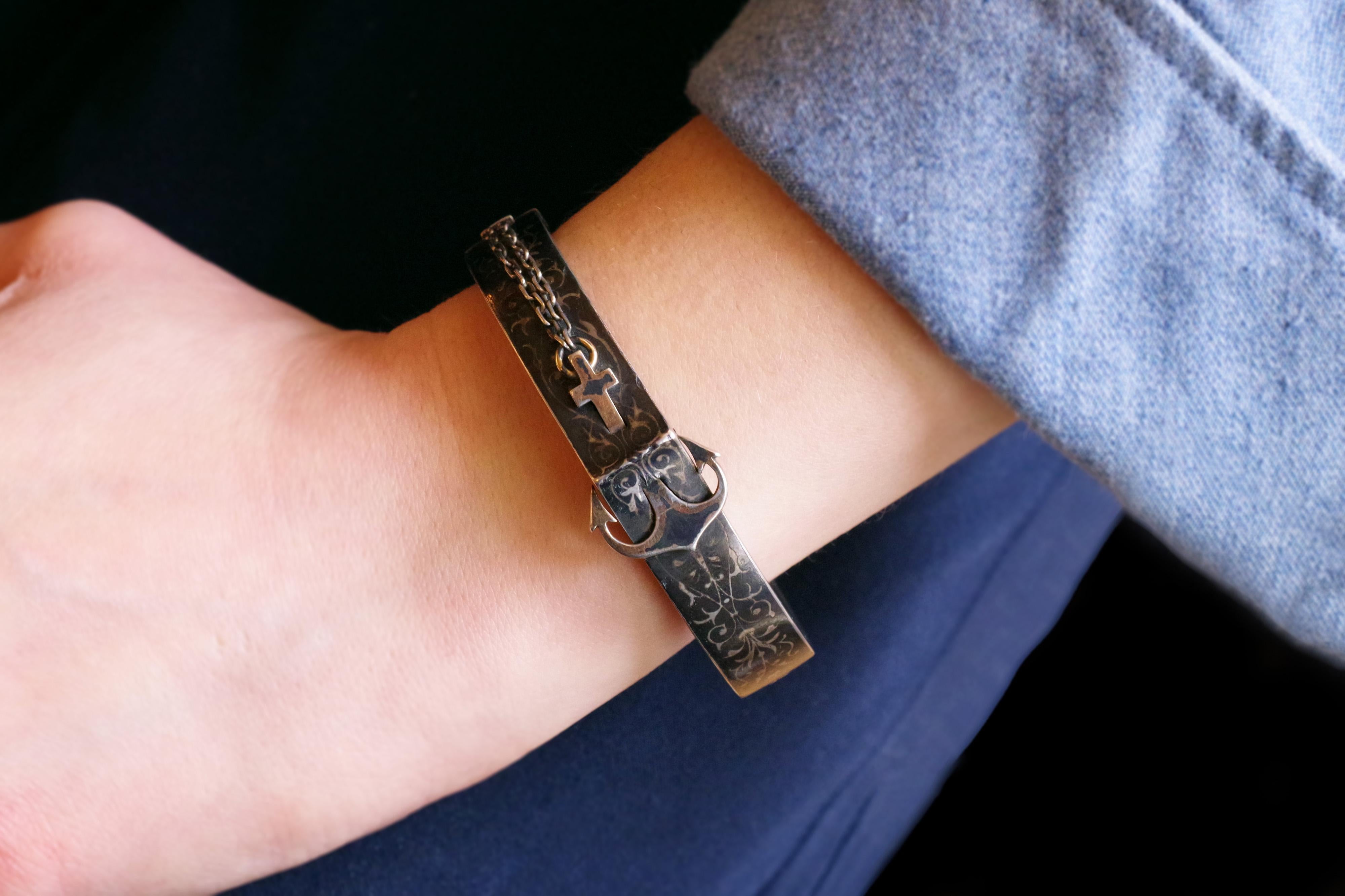 Armband Anker Silber Niello, viktorianischer Silber-Armreif Marine österreichisch-ungarisch im Angebot 2