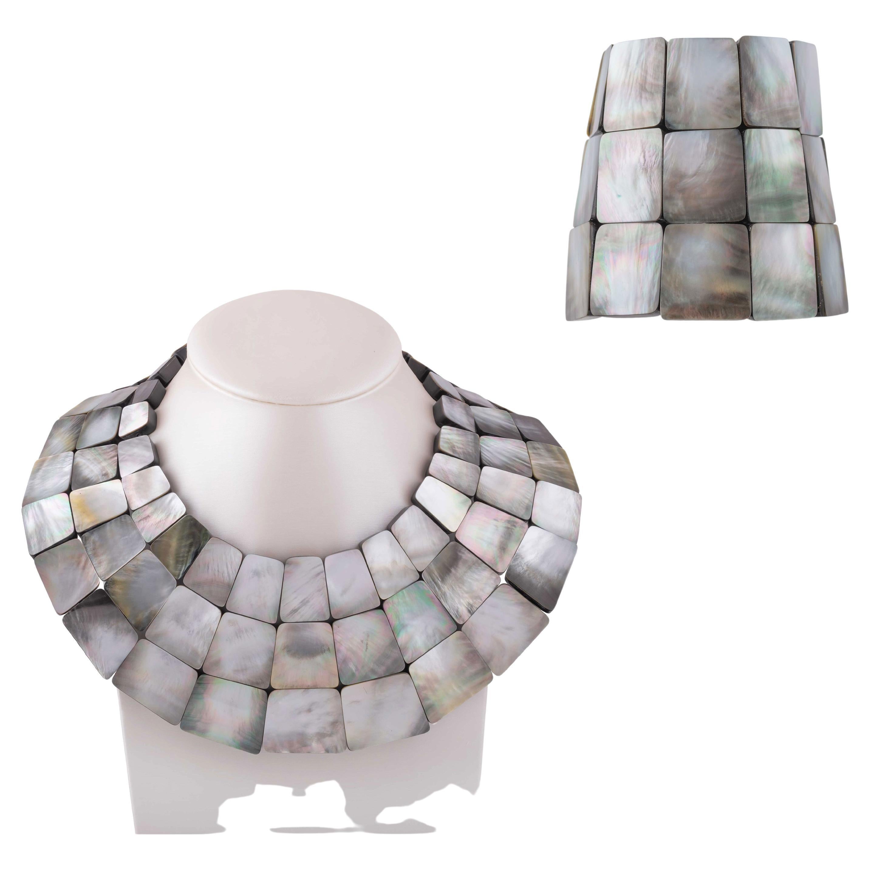 Bracelet and Choker Necklace Set, Mother of Pearl Polyester and Leather For Sale