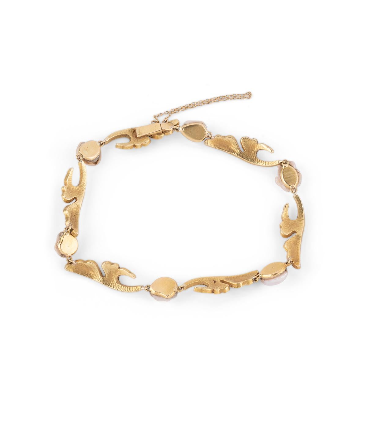 Pulsera Art nouveau à décor de gingko biloba en or et perles Sin cortar en venta
