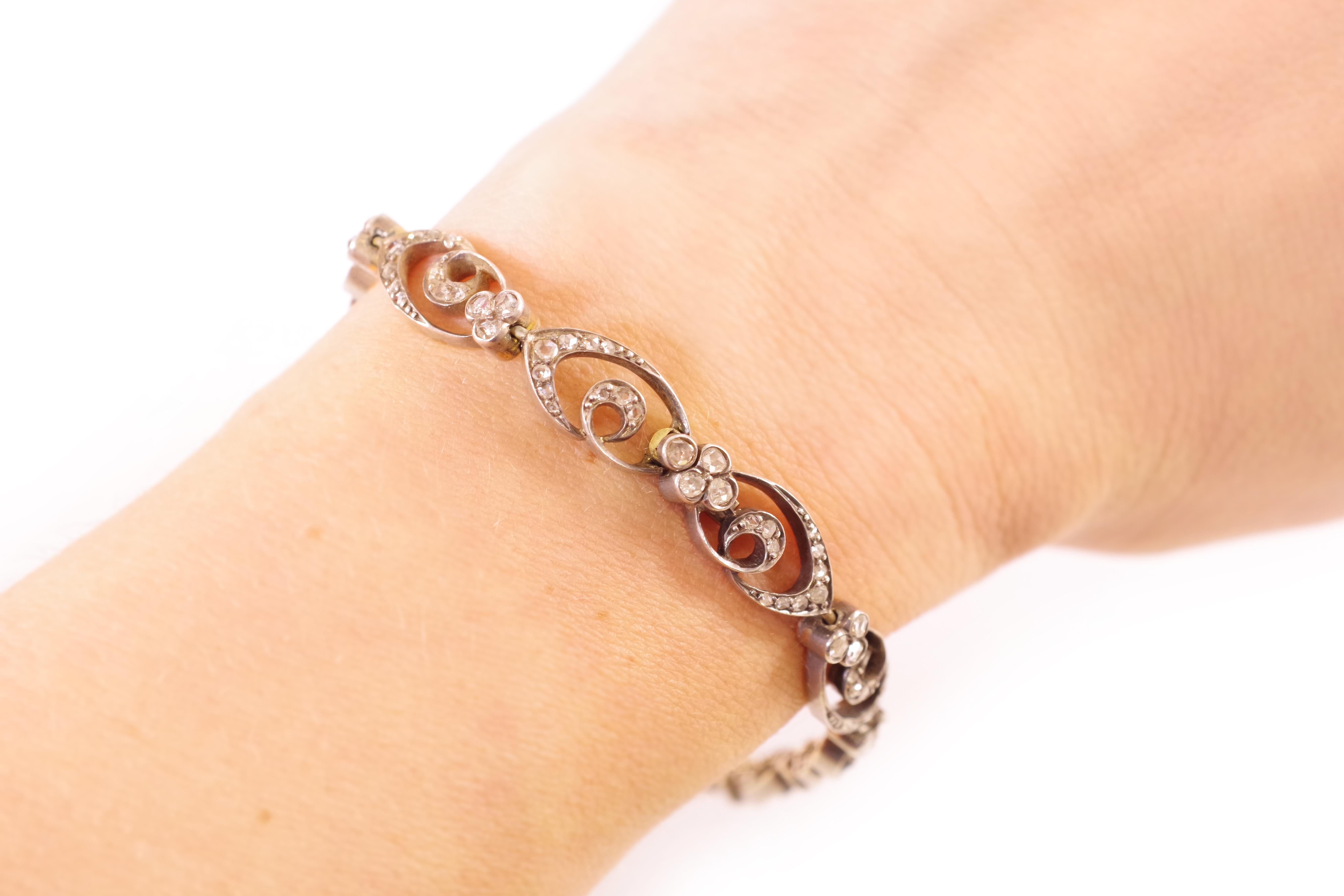 Rose Cut Bracelet Belle Epoque Diamonds in Rose Gold and Silver For Sale