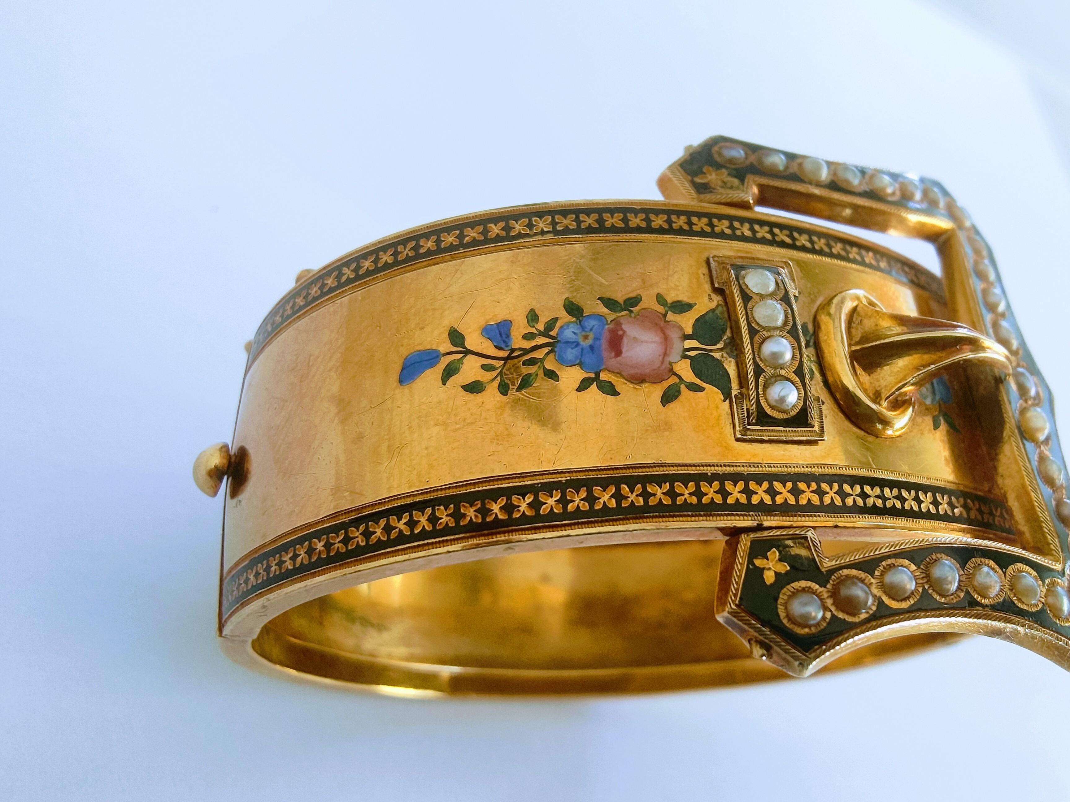 Bracelet Bukle Antique 19th Century Yellow Gold 18 Karat Pearl and Enamel In Good Condition In Valencia, Comunidad Valenciana