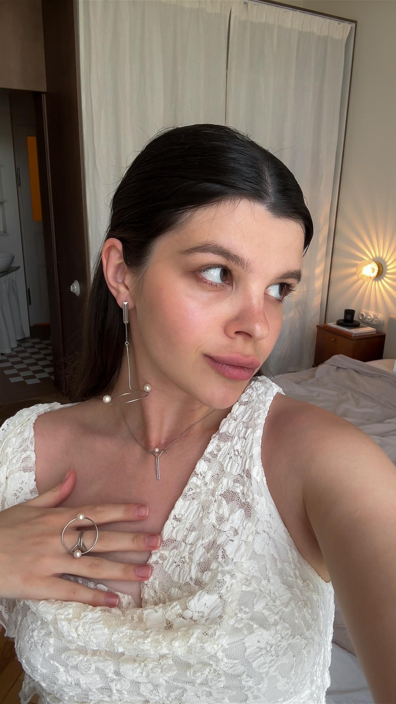 Bracelet chain with Pair of Silver Earrings with Natural Pearls 925 Silver For Sale 7