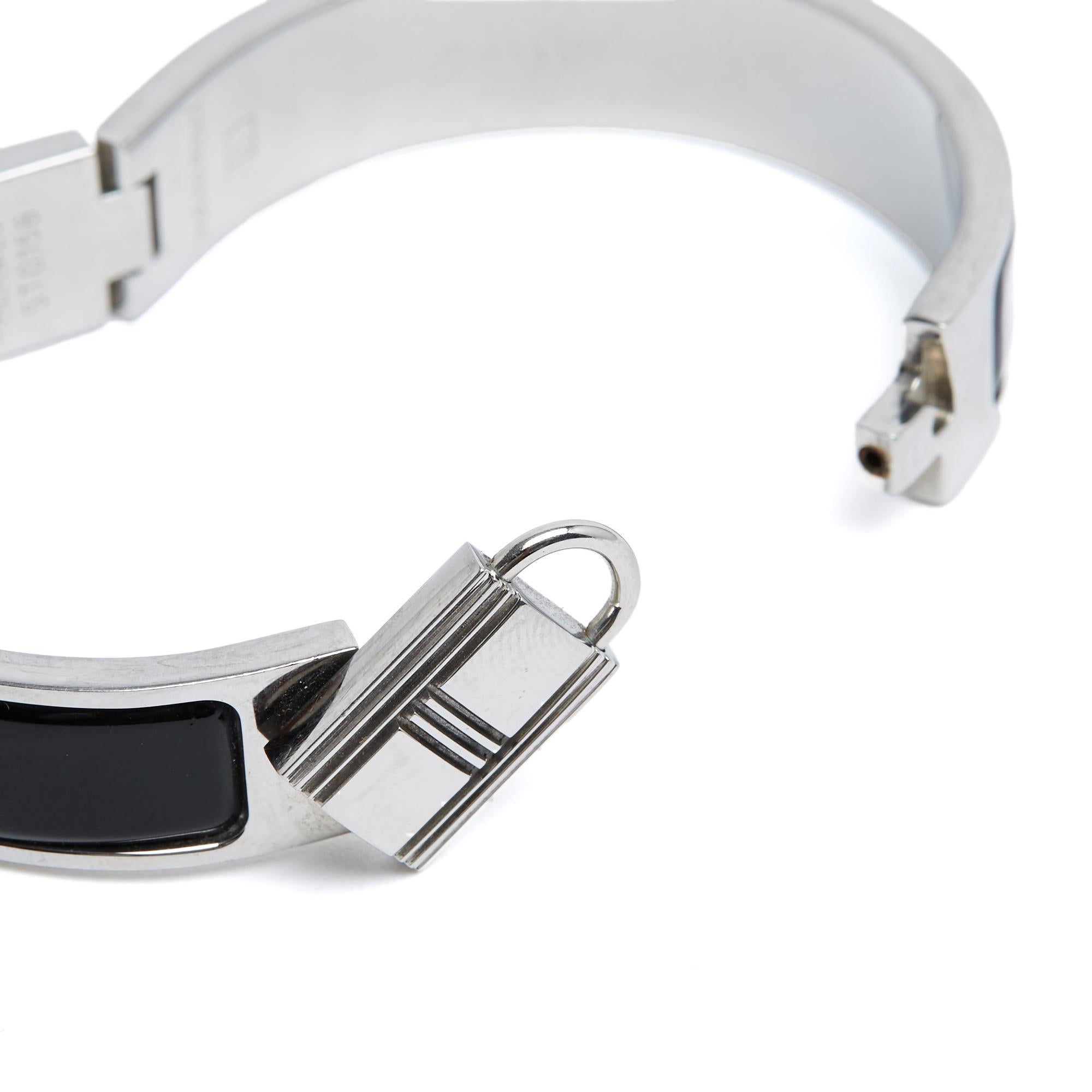 Bracelet Clic Cadenas PM Black Enamel Silver Kelly Locker Bangle S Hermes In Good Condition For Sale In PARIS, FR