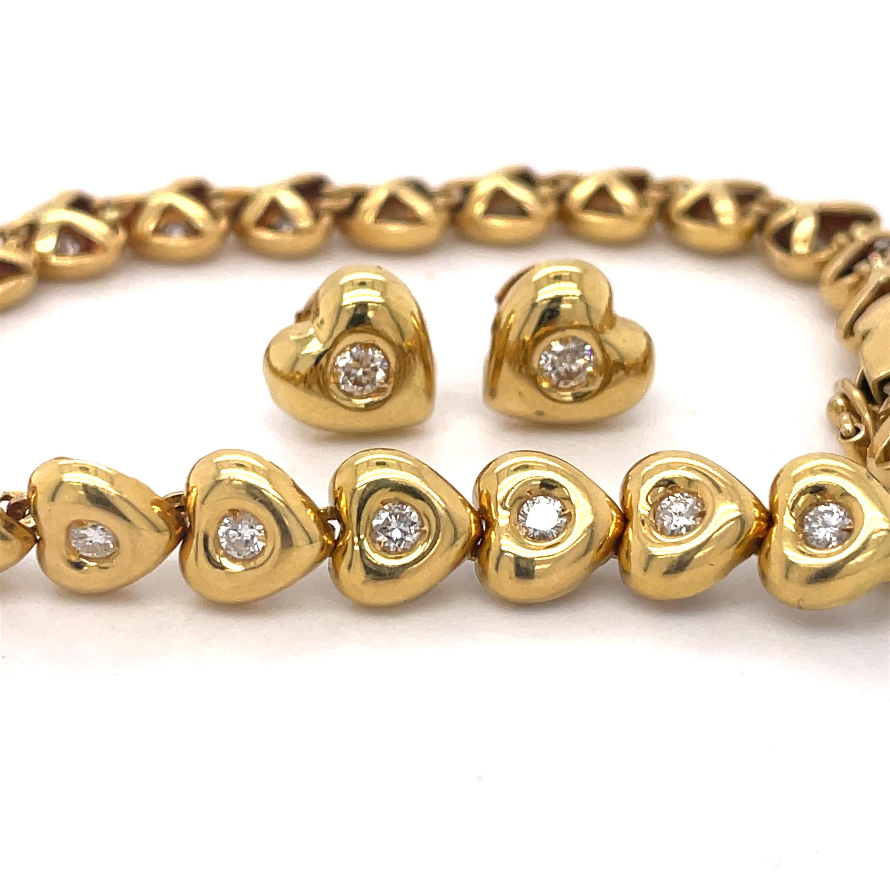 Bracelet & Earrings Heart Jewelry Set, 1.1ct bezel set diamond, 18K Yellow Gold For Sale 8