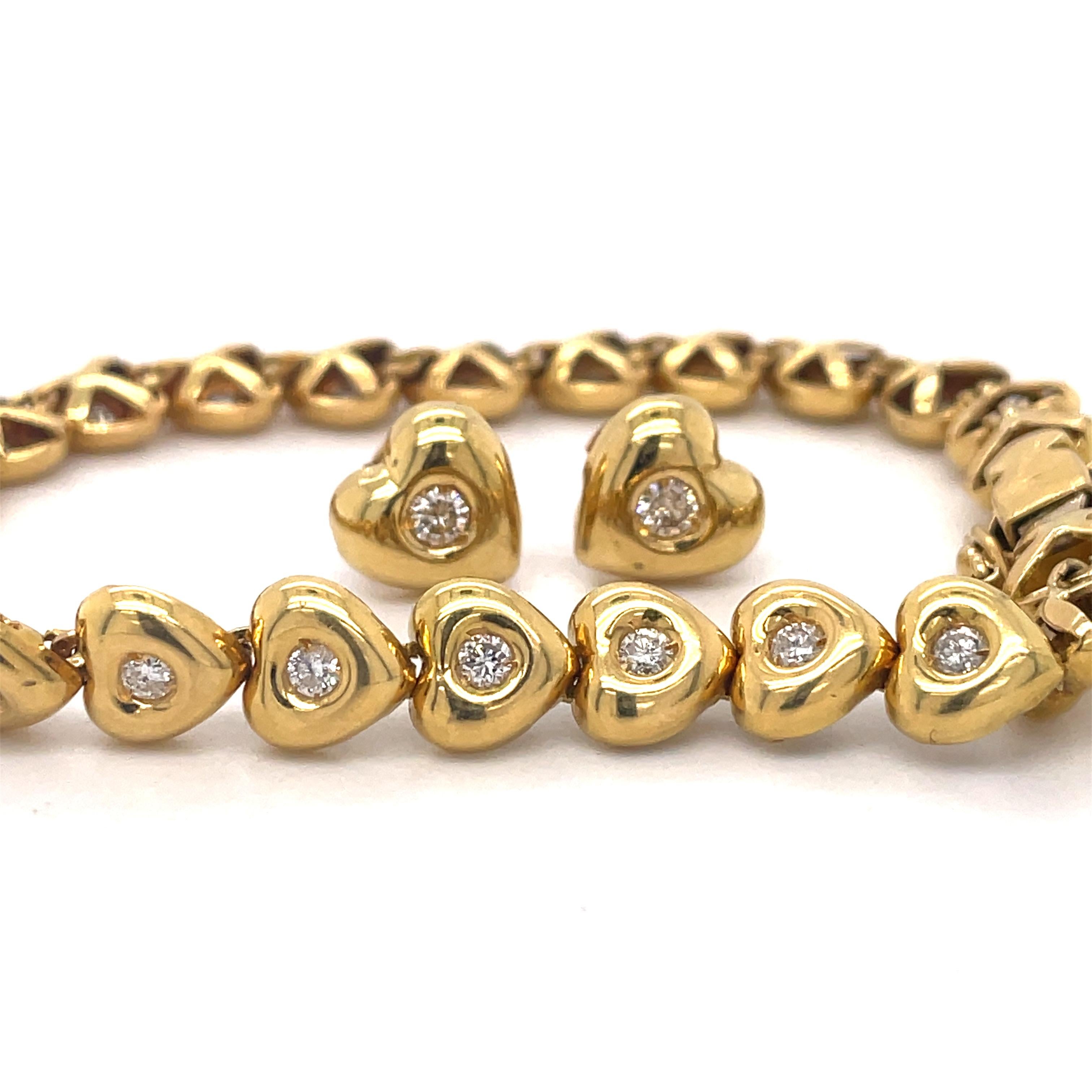 Bracelet & Earrings Heart Jewelry Set, 1.1ct bezel set diamond, 18K Yellow Gold For Sale 9