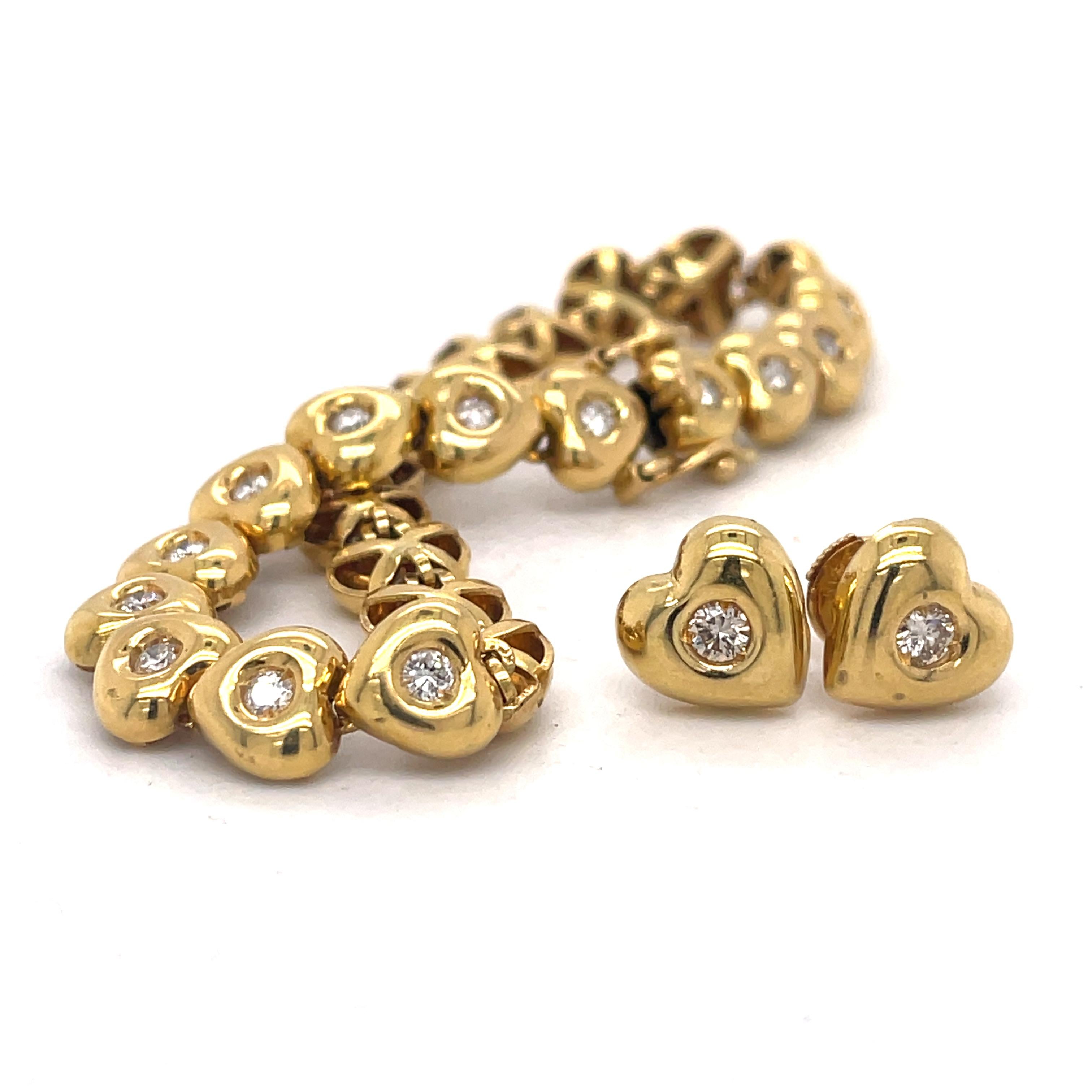 Bracelet & Earrings Heart Jewelry Set, 1.1ct bezel set diamond, 18K Yellow Gold For Sale 10