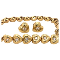 Bracelet & Earrings Heart Jewelry Set, 1.1ct bezel set diamond, 18K Yellow Gold