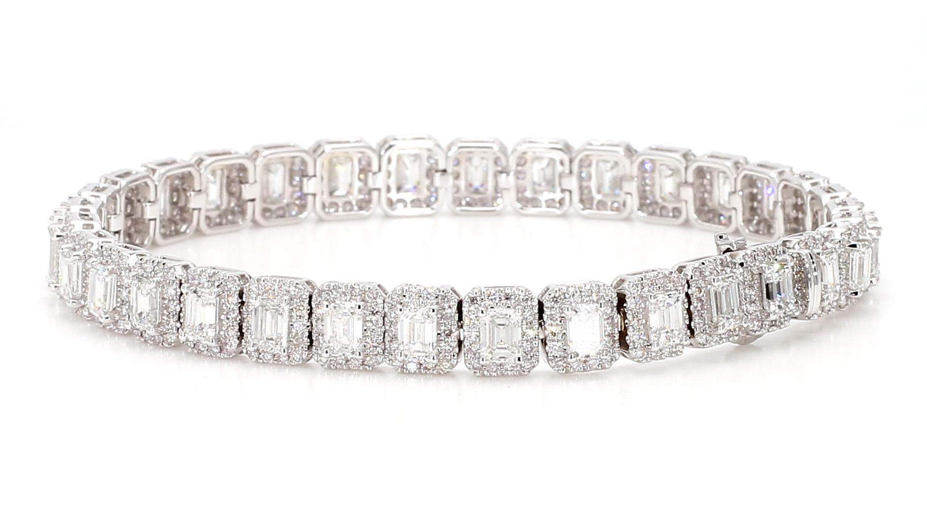 This Emerald Cut Diamond Tennis Bracelet with a diamond halo is a testament to fine craftsmanship and timeless design. Perfect for those who appreciate the beauty of natural diamonds, this bracelet offers a balance of luxury and tasteful