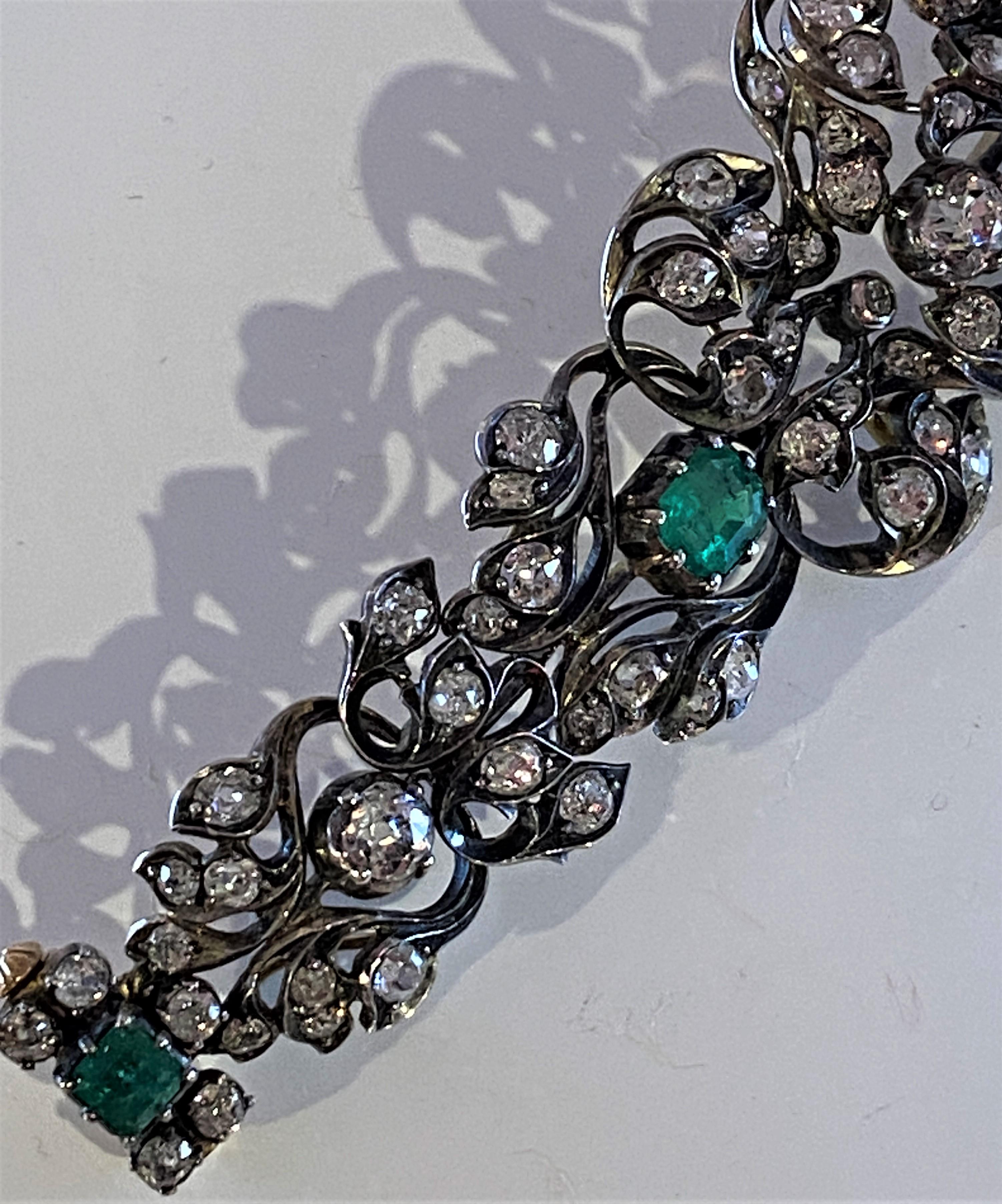 Bracelet en or 18 Carats et Argent Serti de Diamants et de 6 Émeraudes, Xixème For Sale 4