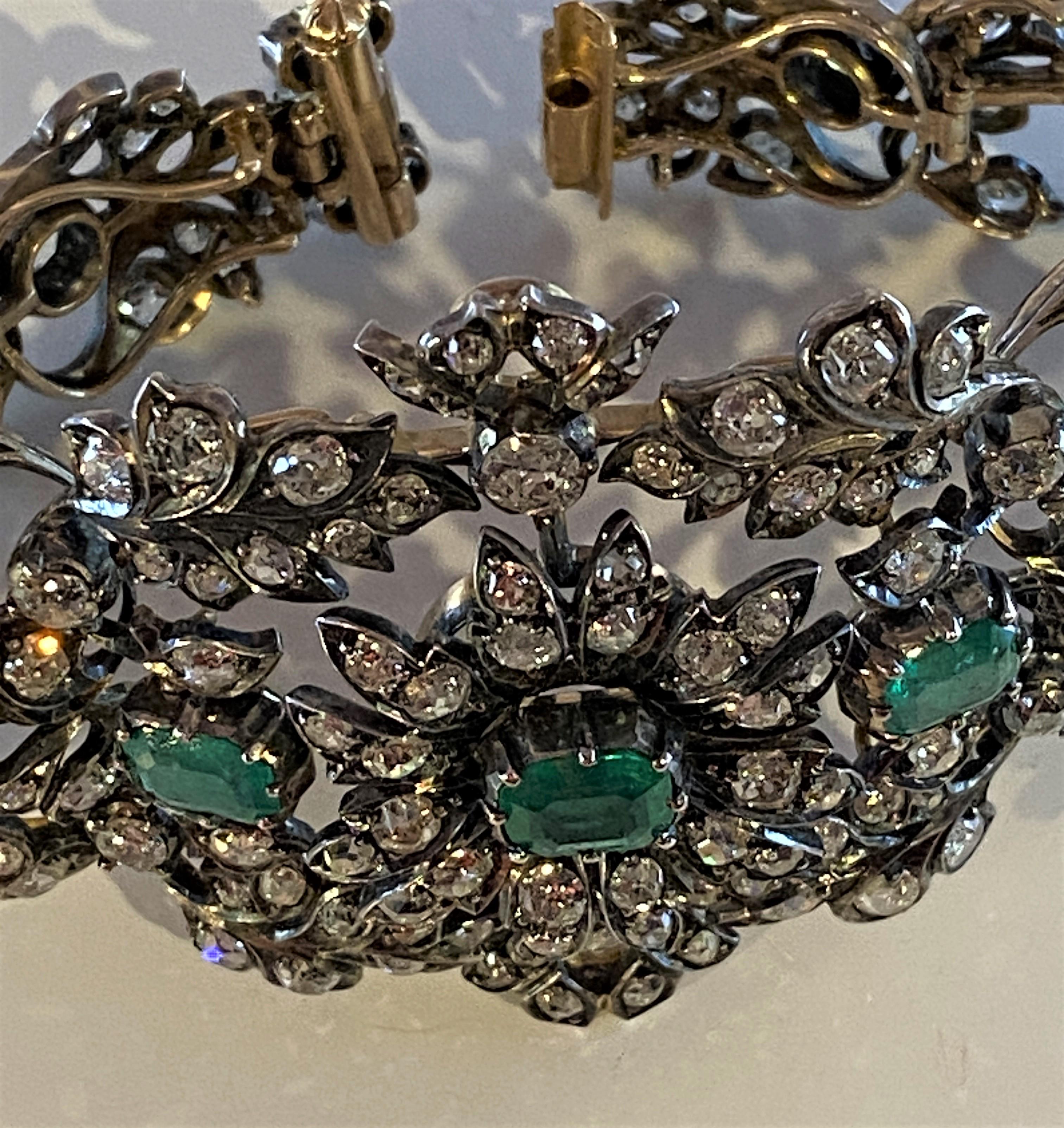 Bracelet en or 18 Carats et Argent Serti de Diamants et de 6 Émeraudes, Xixème For Sale 10