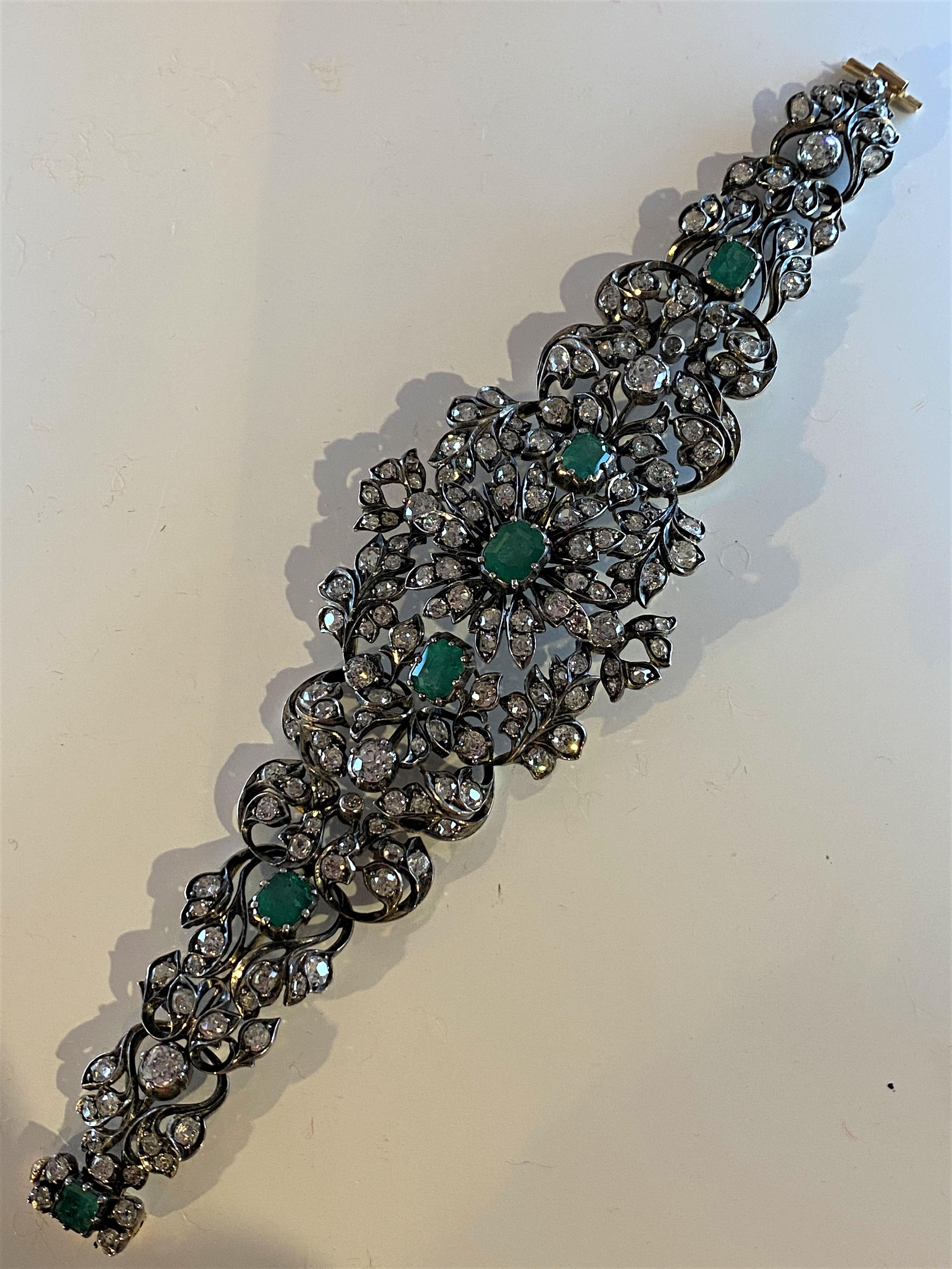 Bracelet en or 18 Carats et Argent Serti de Diamants et de 6 Émeraudes, Xixème en vente 14