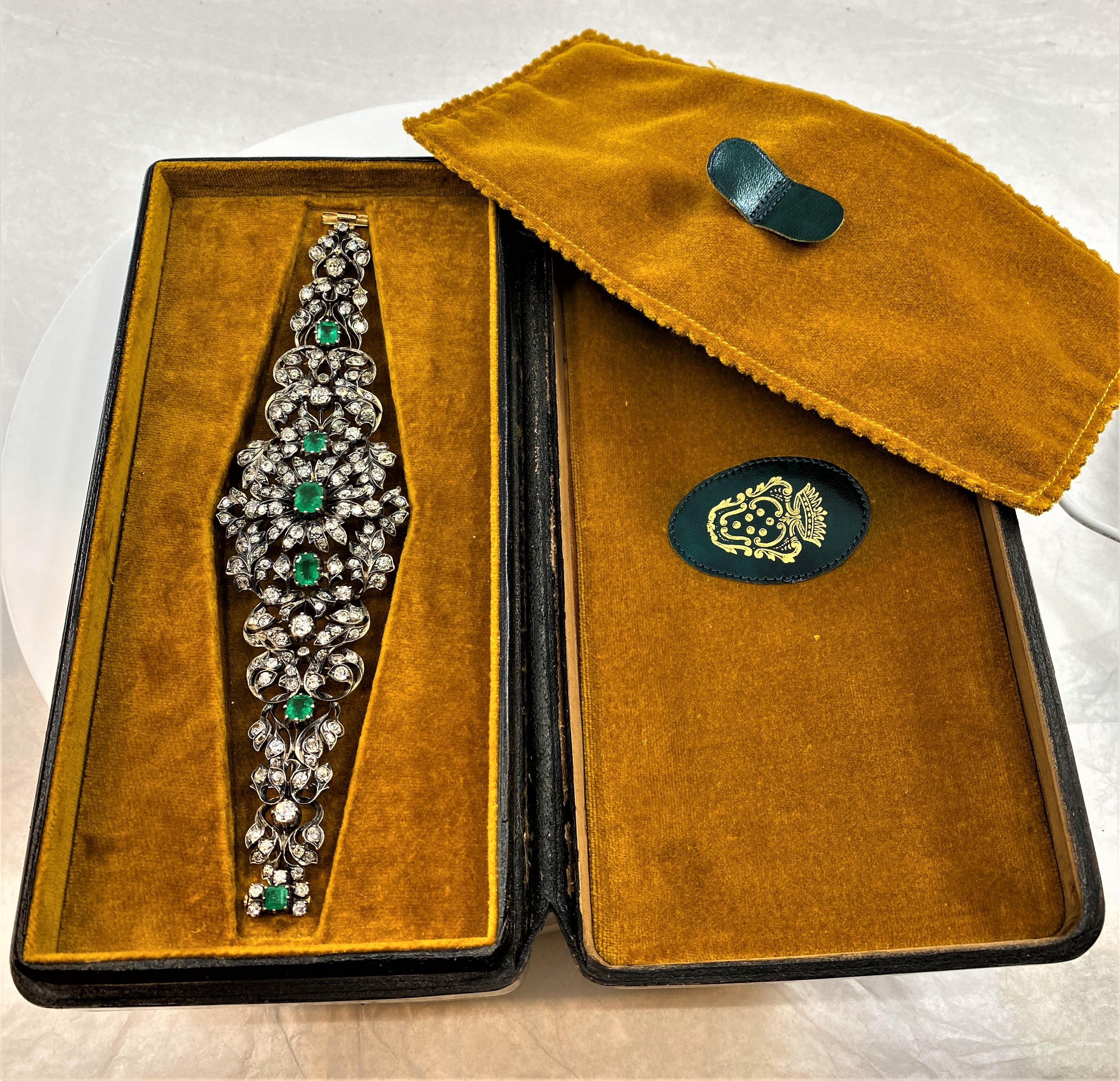 Women's or Men's Bracelet en or 18 Carats et Argent Serti de Diamants et de 6 Émeraudes, Xixème For Sale