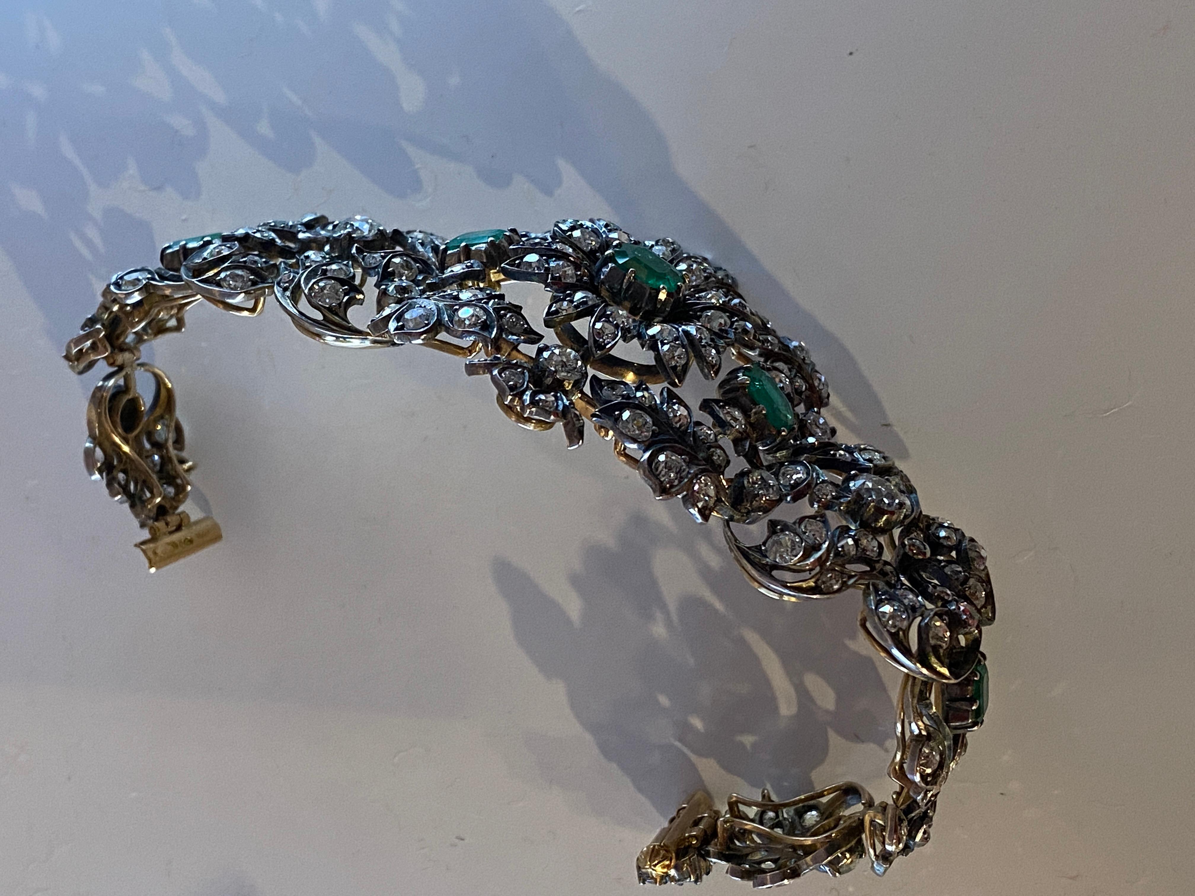 Bracelet en or 18 Carats et Argent Serti de Diamants et de 6 Émeraudes, Xixème For Sale 1