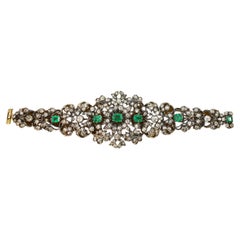 Antique Bracelet en or 18 Carats et Argent Serti de Diamants et de 6 Émeraudes, Xixème
