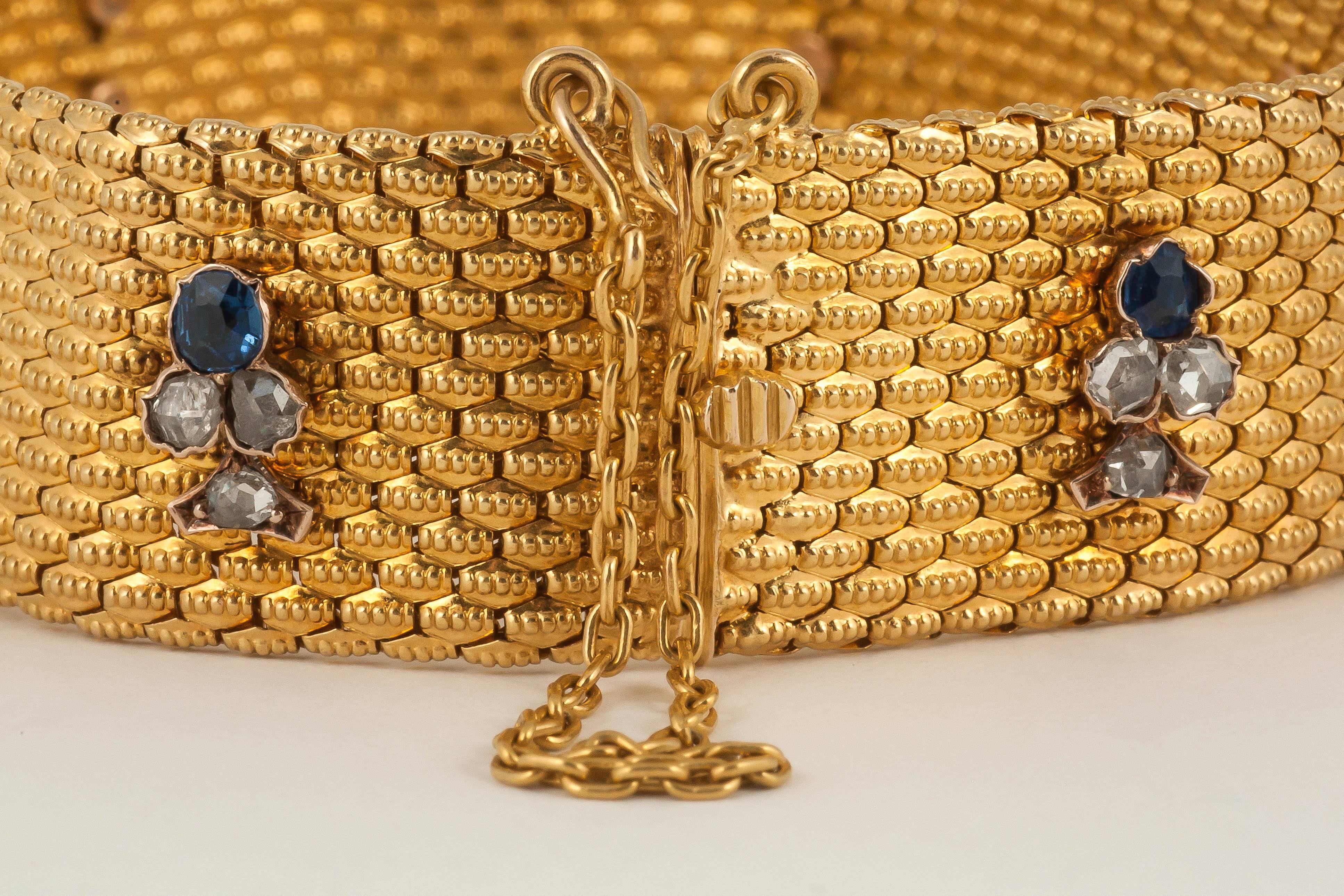 High Victorian Bracelet in 18 Karat Gold with Sapphire and Diamond Trefoils, French circa 1880. For Sale