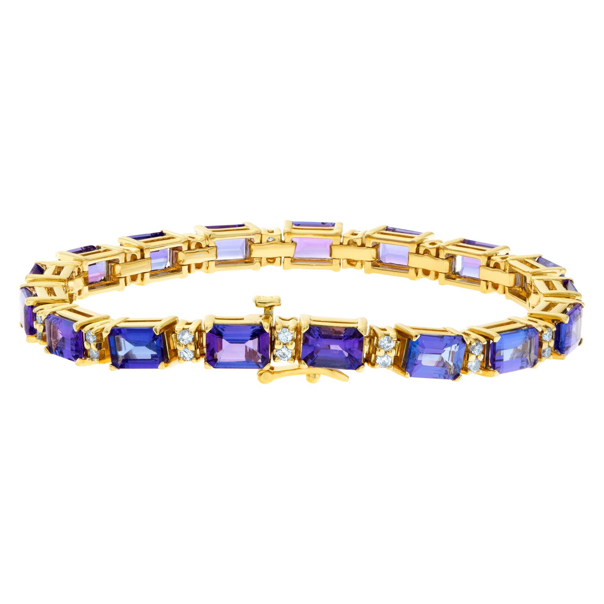 Emerald Cut Bracelet in 14k Yellow Gold and 16.8 Cts in Tanzanite and .8 Carats in Diamonds For Sale