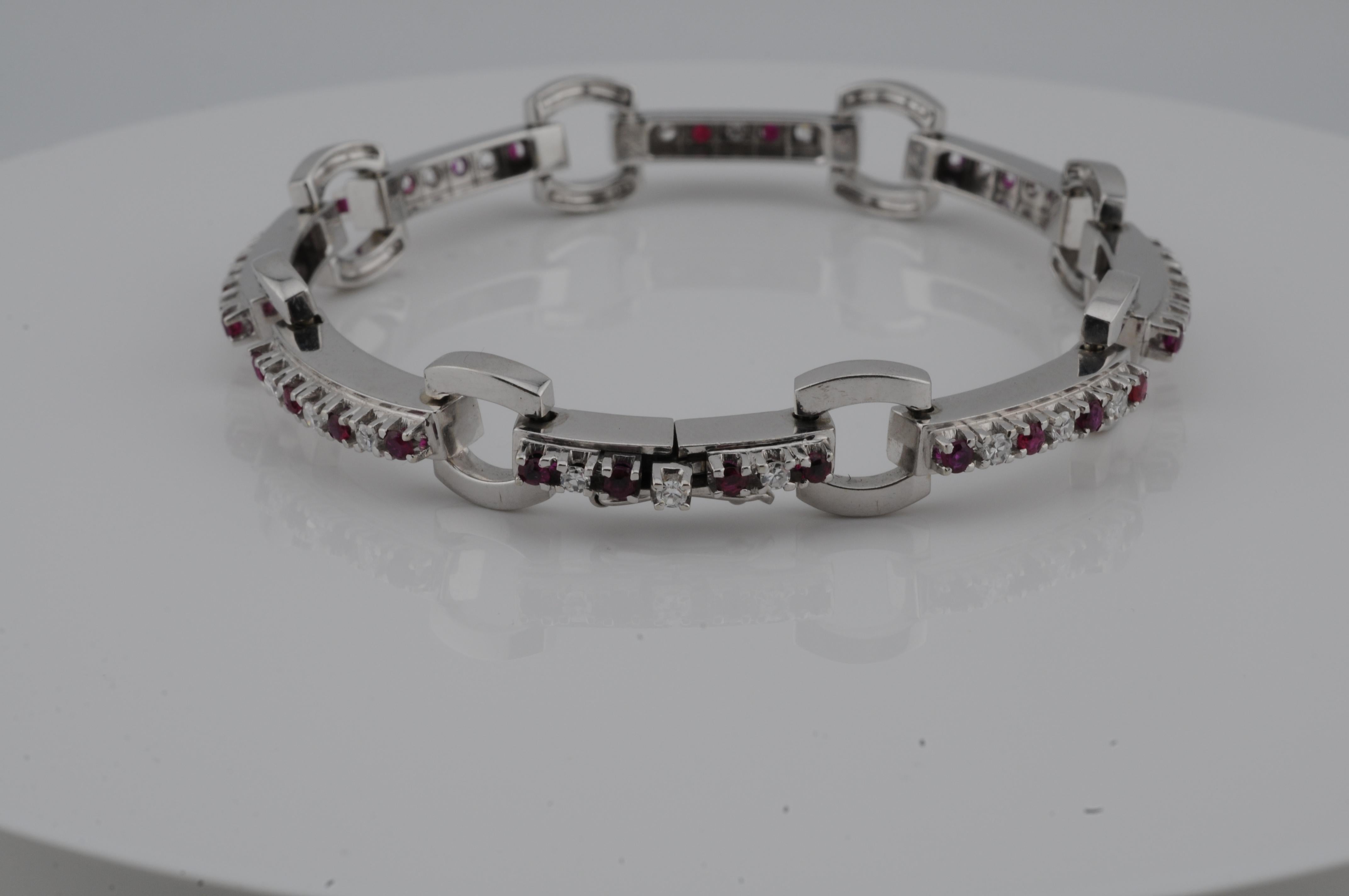 Aesthetic Movement Bracelet in 18K white gold with diamonds and rubys For Sale