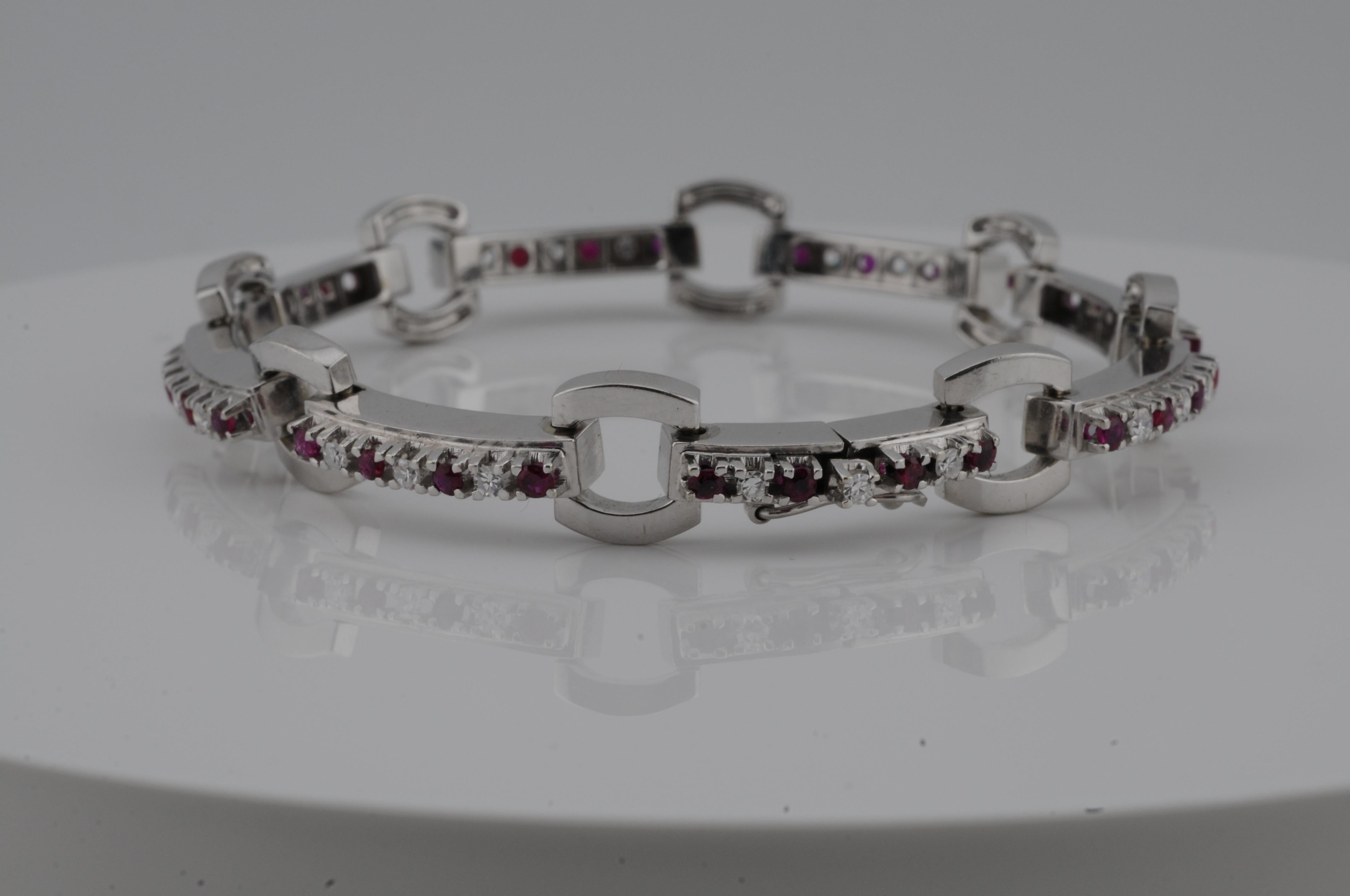 Women's or Men's Bracelet in 18K white gold with diamonds and rubys For Sale