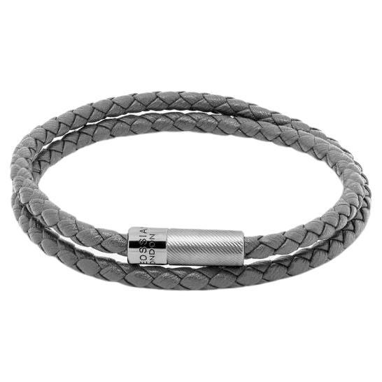 Bracelet in Double Wrap Italian Grey Leather with Sterling Silver, Size M For Sale