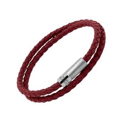 Armband aus rotem italienischem Leder mit doppelter Wickelung und Sterlingsilber, Größe M
