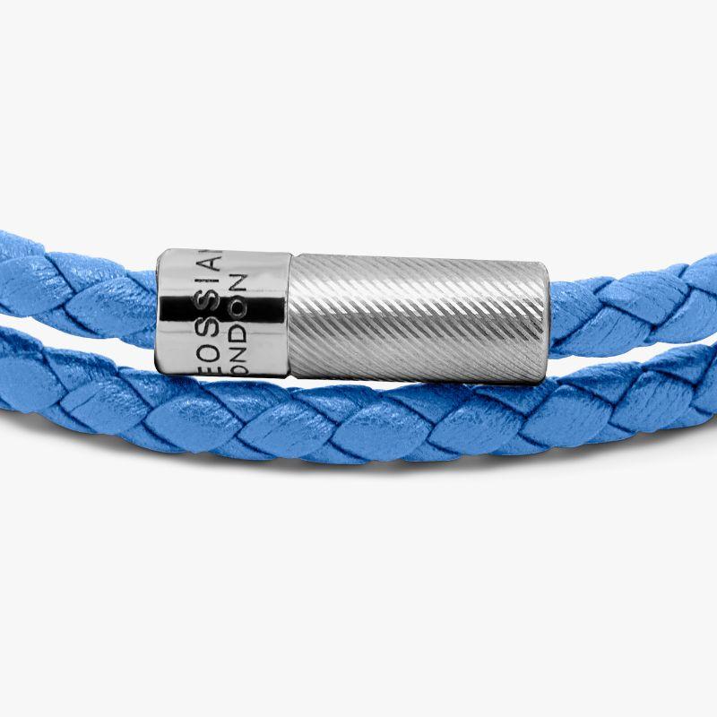 Pop Rigato bracelet in double wrap Italian sky blue leather with sterling silver, Size M

The ultimate, everyday wear bracelet combines genuine sky blue-coloured Italian leather, intricately braided and double wrapped into an engraved, sterling