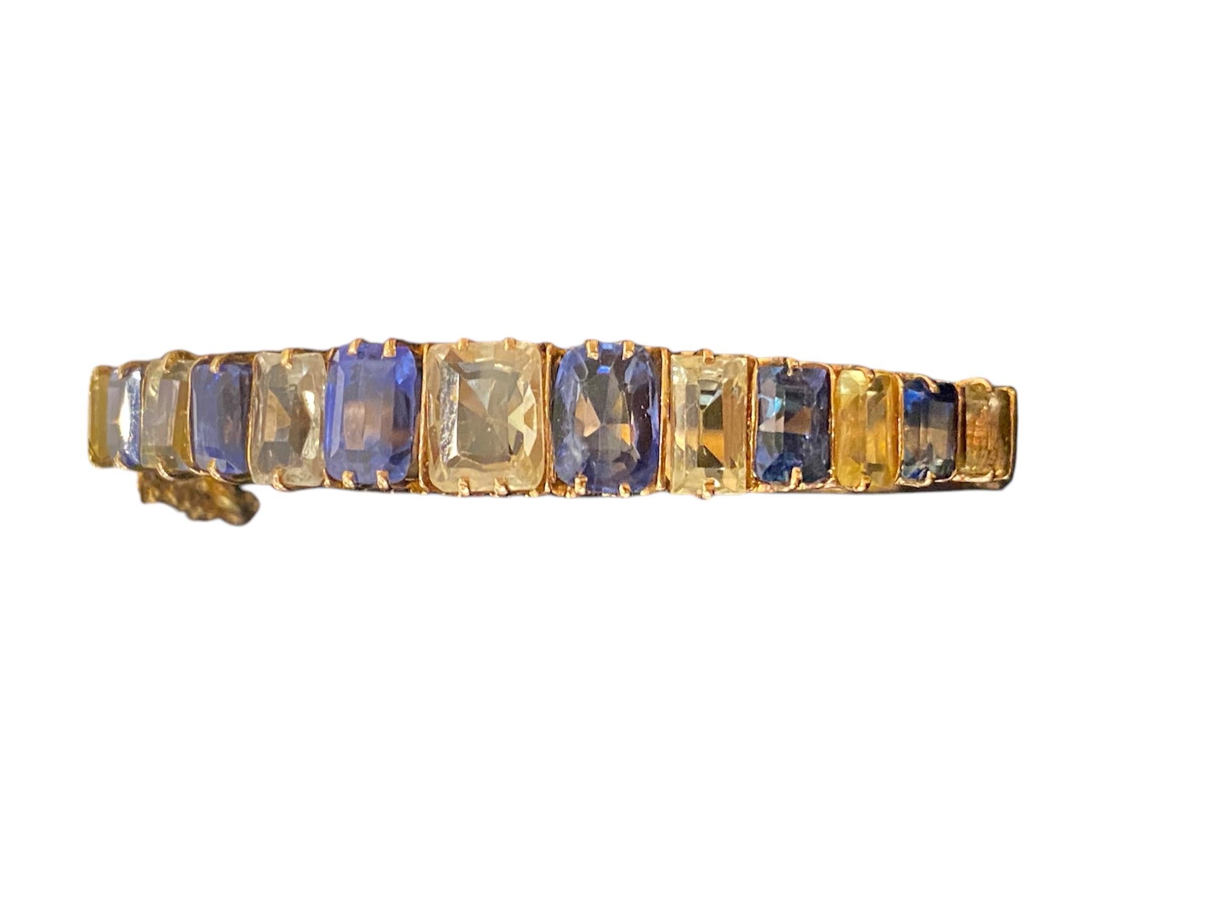 
Pulsera rígida de oro amarillo de 19,2 kt - 800 ‰ , engastada con 6 zafiros azules y 7 zafiros amarillos que suman aproximadamente 16,8 ct. 6 cm de diámetro interior, con cadena de seguridad. Portuguesa, con la marca de ensaye de Lisboa (1938-1984)