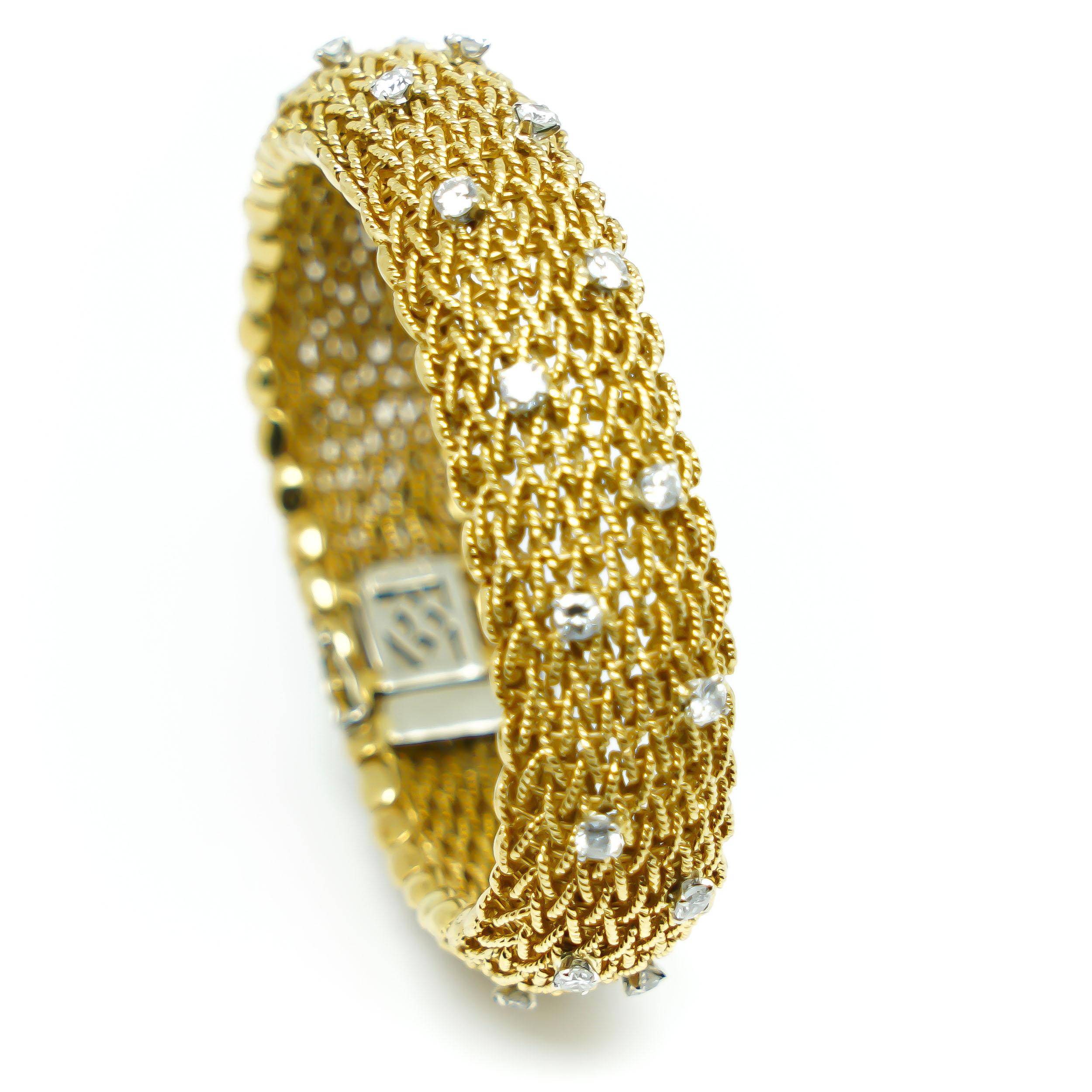 Bracelet  with  Diamonds in Knitted Gold 18 Karats. With a beautiful Liberty style of 60's It's a piece that has a strong and Original Design with a beautiful detailed structure totally Handcrafted that makes it Unique and a real Piece of Art to