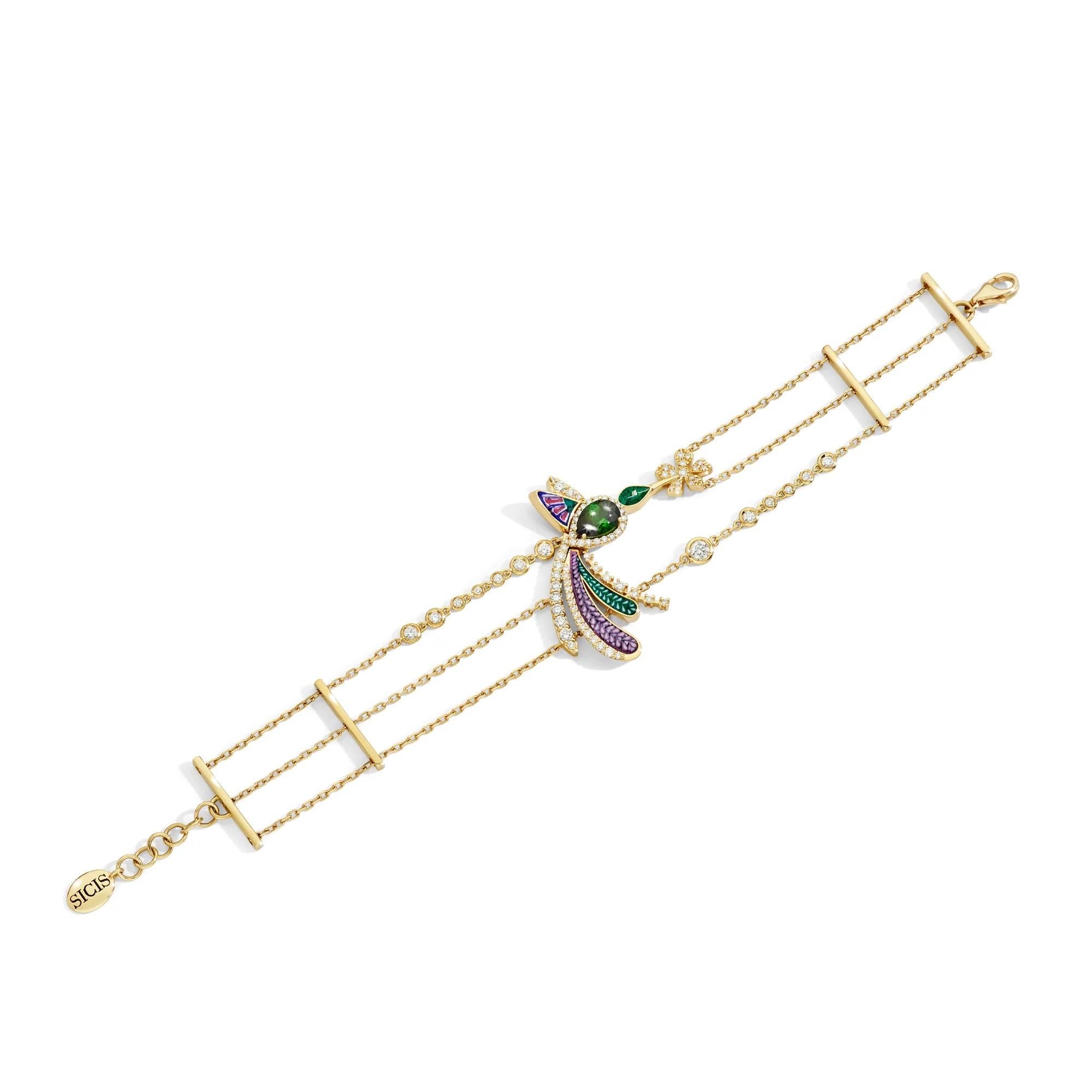 Contemporain Bracelet en or jaune, tourmaline verte, diamants blancs et micromosaïque en vente