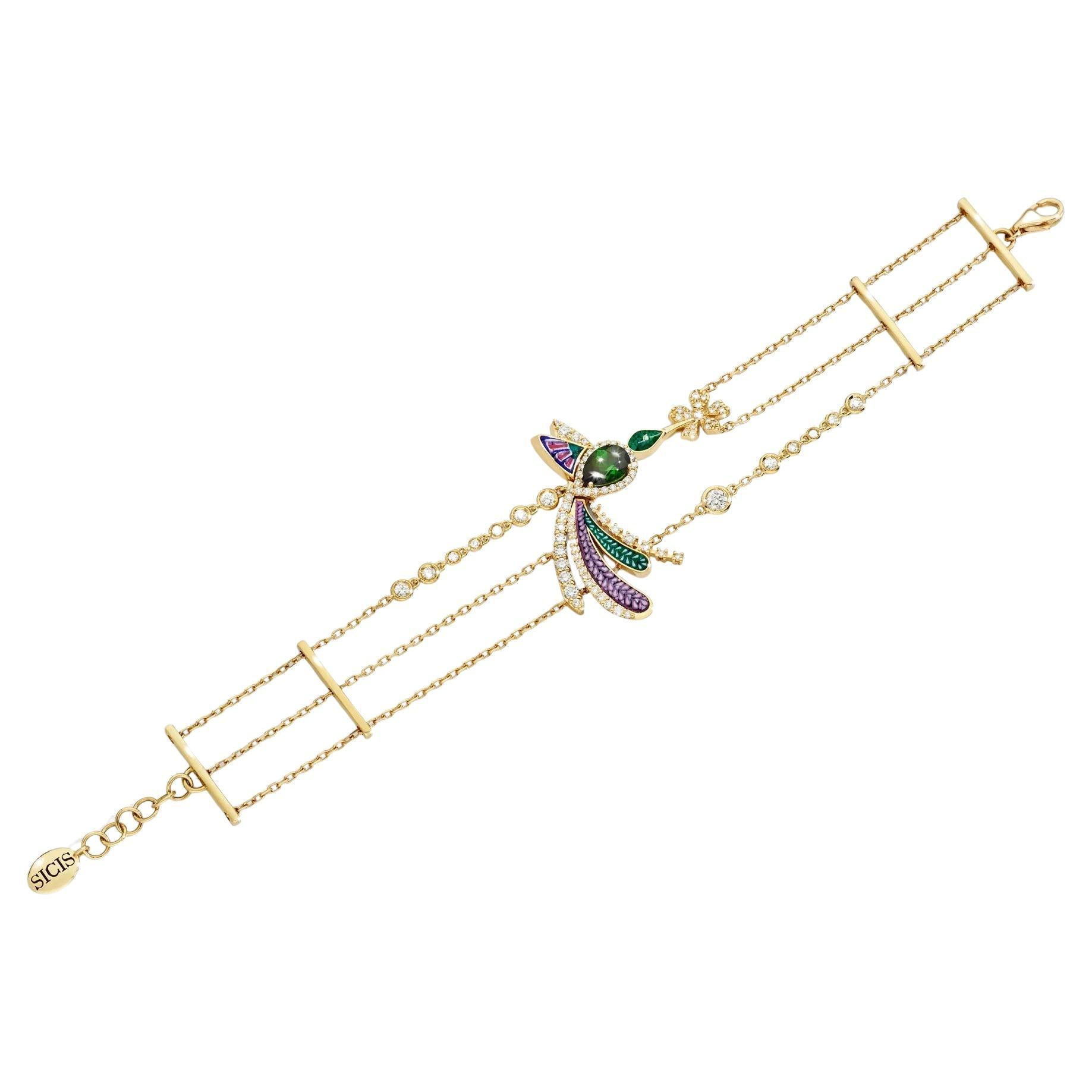 Bracelet in Yellow Gold with Green Tourmaline, White Diamonds and Micromosaic
