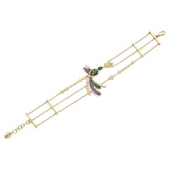 Bracelet in Yellow Gold with Green Tourmaline, White Diamonds and Micromosaic