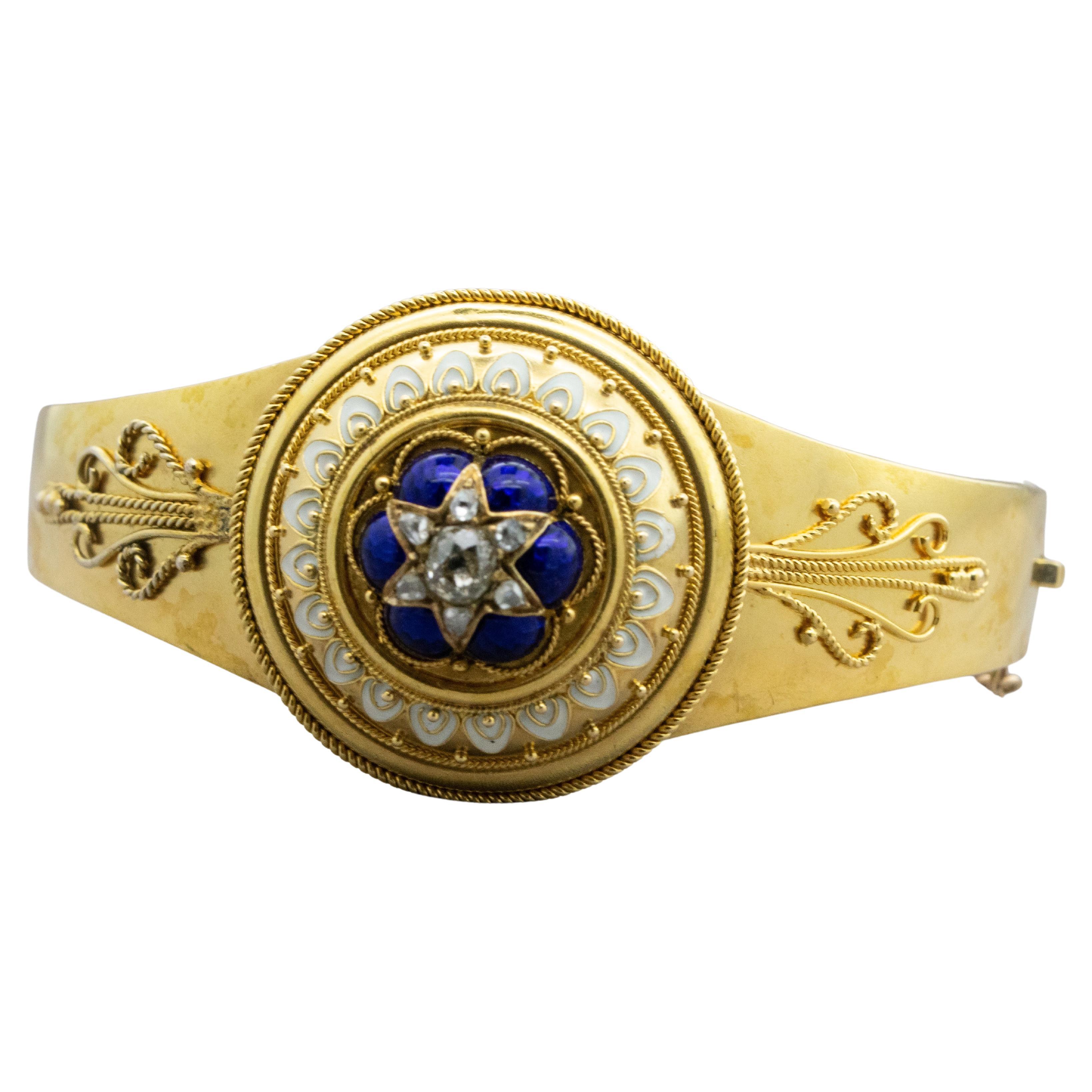 Bracelet La Belle Époque, Etruscan Revival, Gold, Diamonds, Enamel, Filigree For Sale