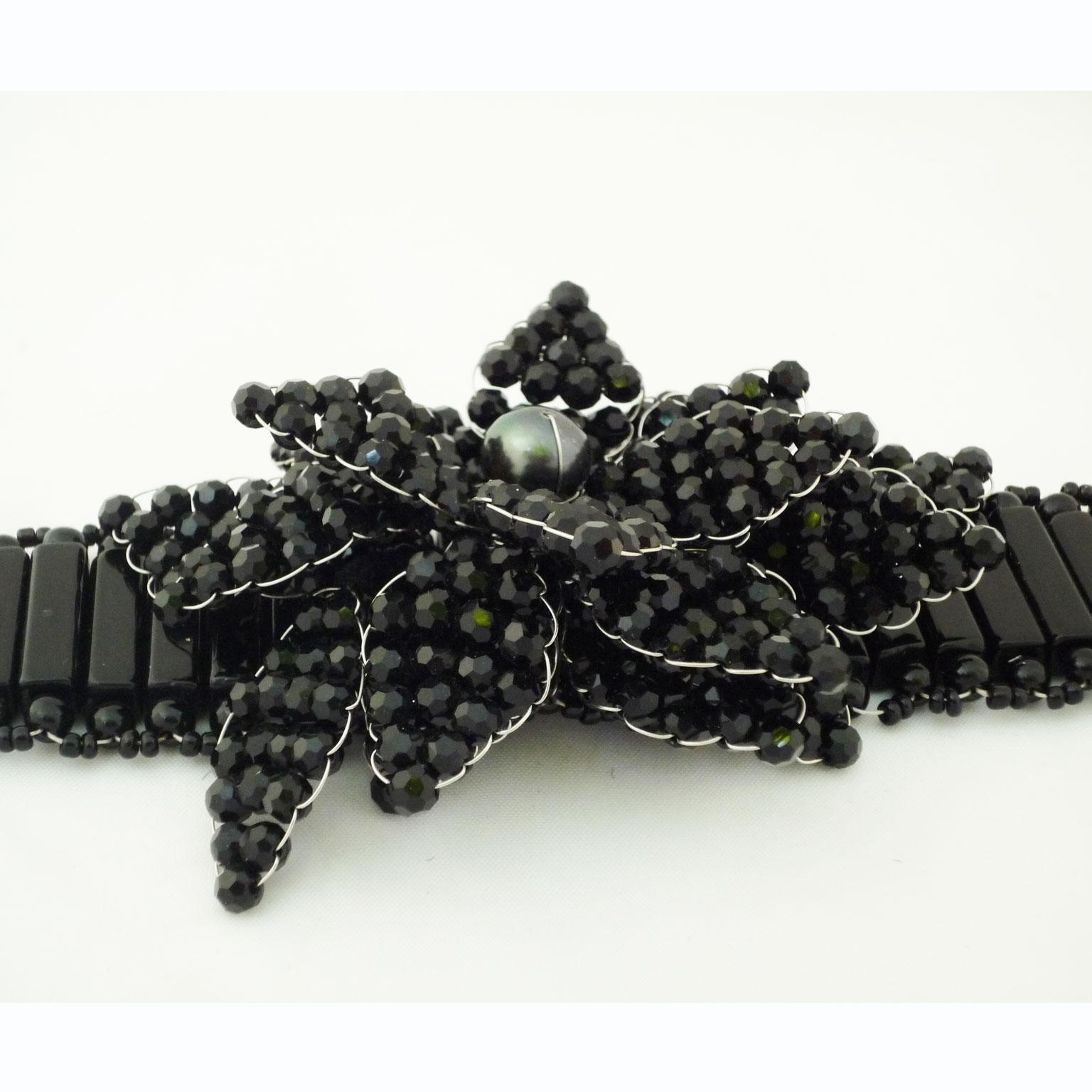 Modern Bracelet made of black limestone and black Swarovski pearls For Sale
