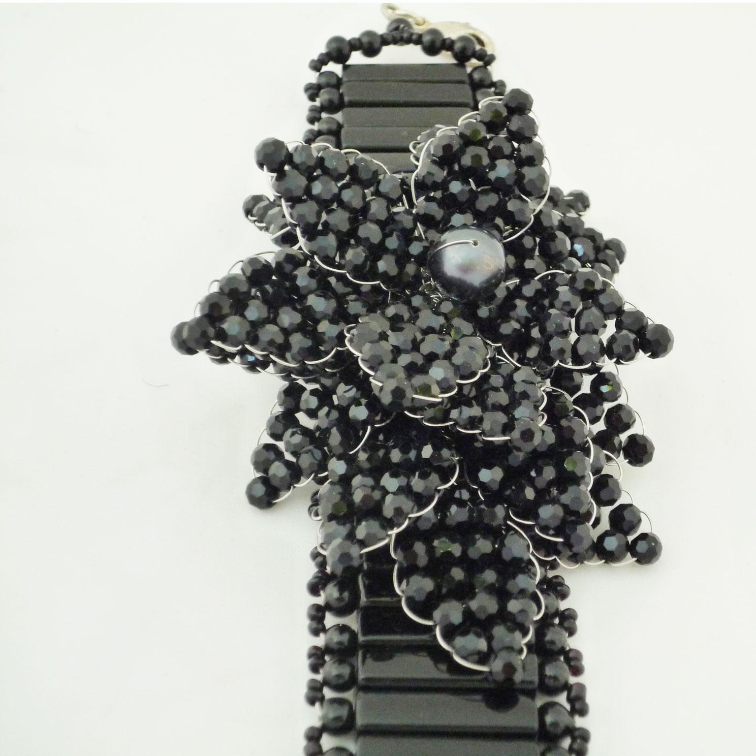 Modern Bracelet made of black limestone and black Swarovski pearls For Sale