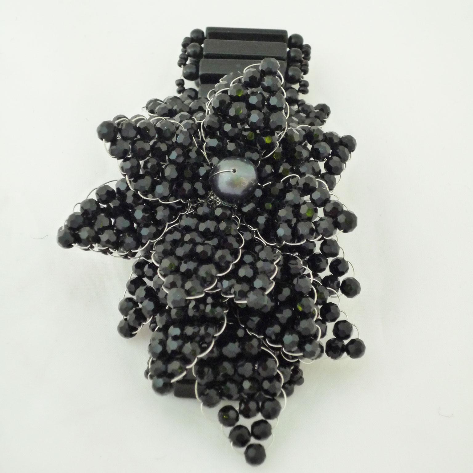 Women's Bracelet made of black limestone and black Swarovski pearls For Sale